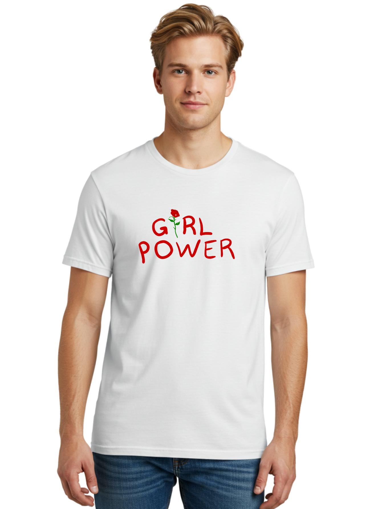 Girl-Power Men'S Graphic Tee, 100% Cotton, Comfortable Casual Summer Wear, Machine Washable, Girl Power, Feminist Movement, Empowerment, Red Rose, Symbol Of Strength, Women'S Rights, Independence -  Aaa043