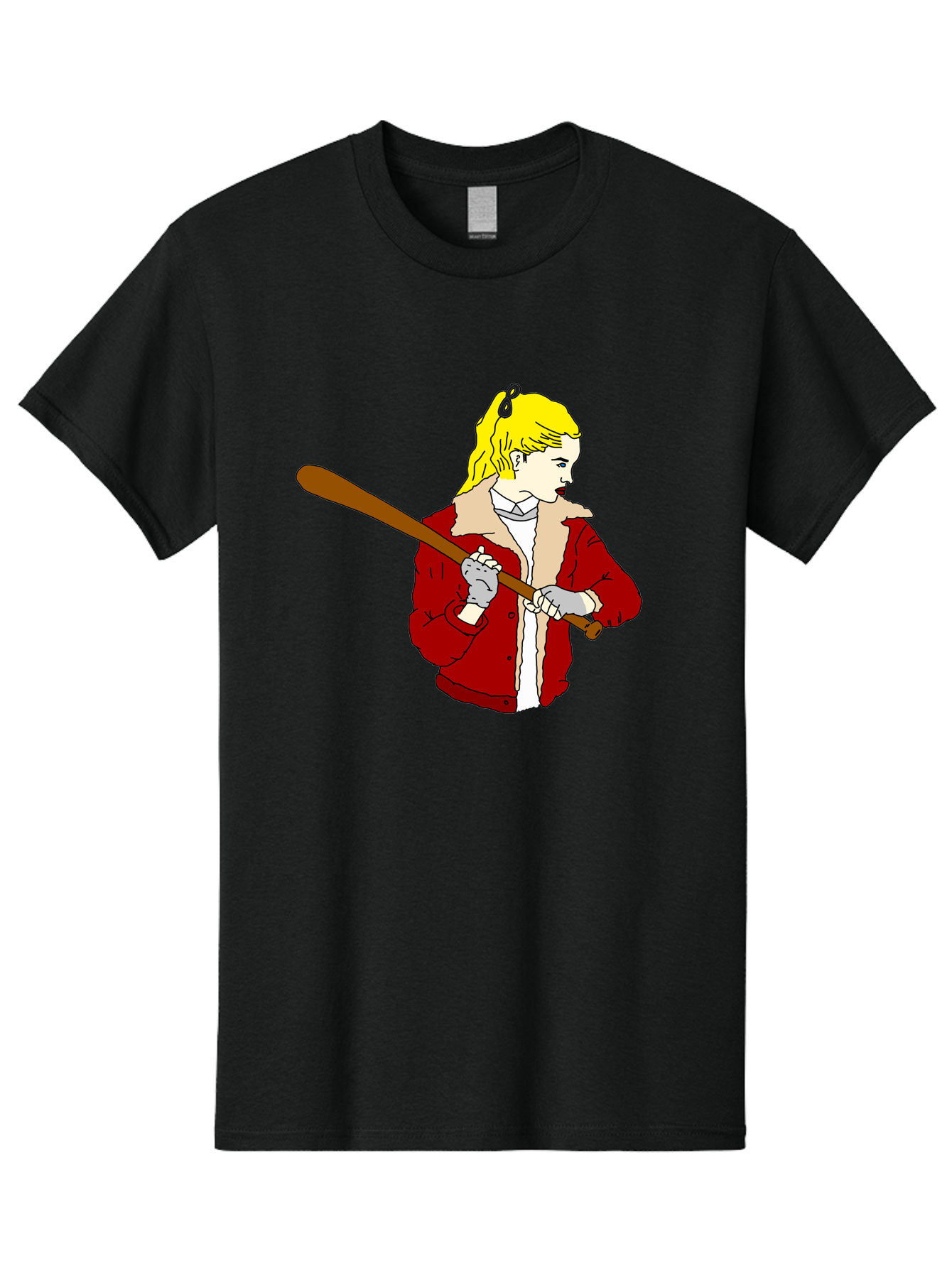 Girl-With-Baseball-Bat Men'S Graphic Tee, 100% Cotton, Comfortable Casual Summer Wear, Machine Washable, Girl With Blonde Hair, Red Jacket With Fur Collar, Holding Baseball Bat, Cartoon Style, Baseball Player, Young Athlete, Sporty Girl, -  Aaa044 27