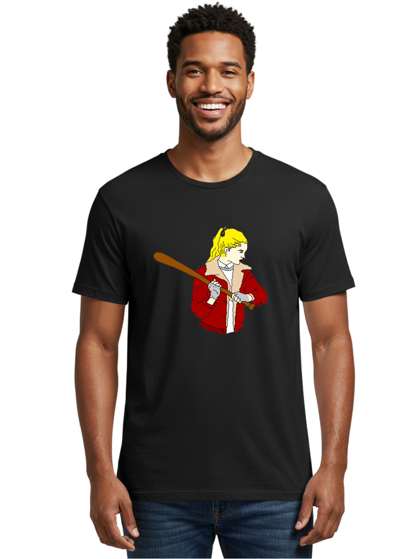 Girl-With-Baseball-Bat Men'S Graphic Tee, 100% Cotton, Comfortable Casual Summer Wear, Machine Washable, Girl With Blonde Hair, Red Jacket With Fur Collar, Holding Baseball Bat, Cartoon Style, Baseball Player, Young Athlete, Sporty Girl, -  Aaa044 28
