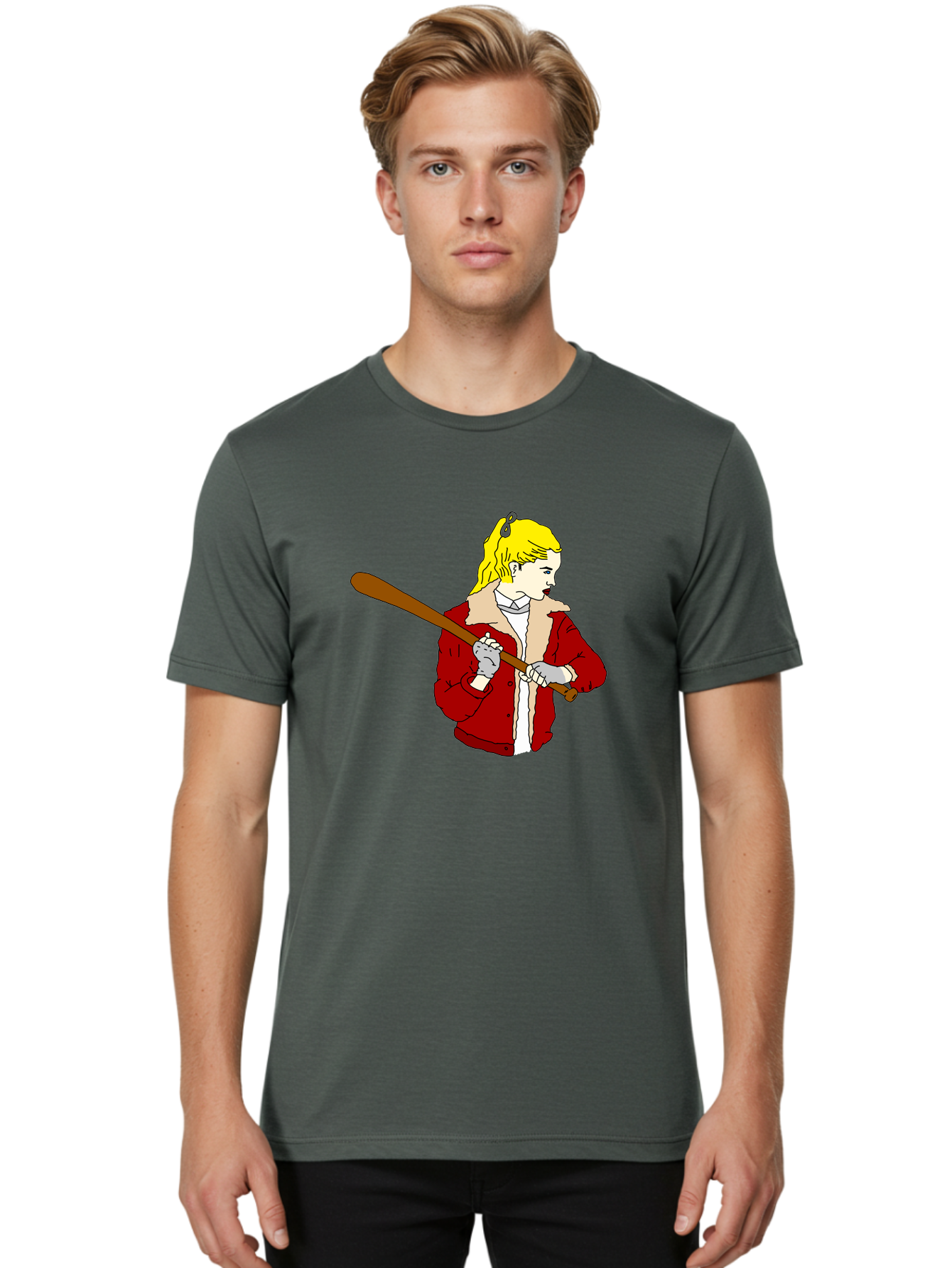 Girl-With-Baseball-Bat Men'S Graphic Tee, 100% Cotton, Comfortable Casual Summer Wear, Machine Washable, Girl With Blonde Hair, Red Jacket With Fur Collar, Holding Baseball Bat, Cartoon Style, Baseball Player, Young Athlete, Sporty Girl, -  Aaa044 4