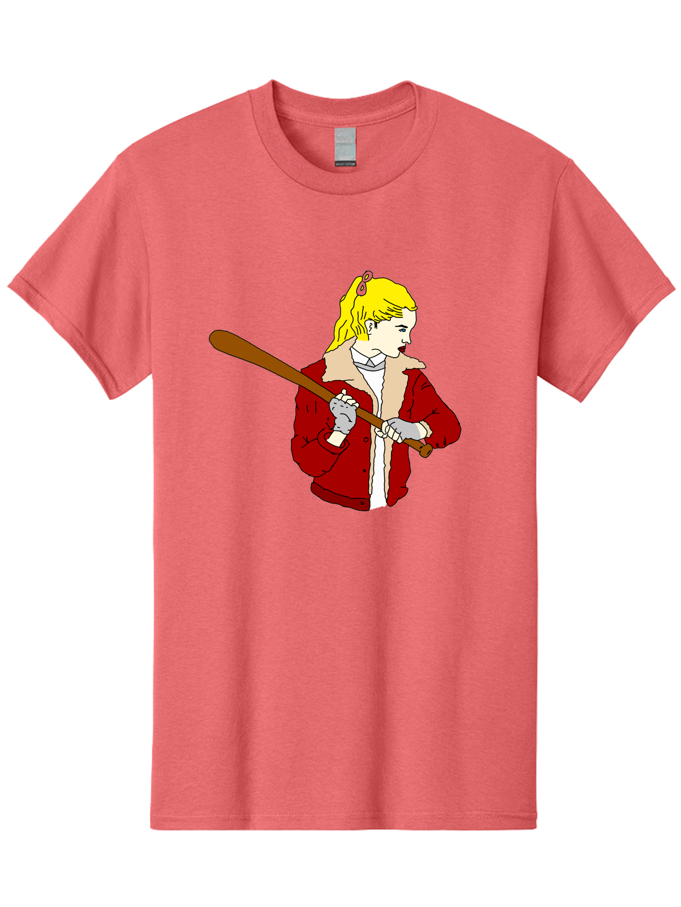 Girl-With-Baseball-Bat Men'S Graphic Tee, 100% Cotton, Comfortable Casual Summer Wear, Machine Washable, Girl With Blonde Hair, Red Jacket With Fur Collar, Holding Baseball Bat, Cartoon Style, Baseball Player, Young Athlete, Sporty Girl, -  Aaa044 23