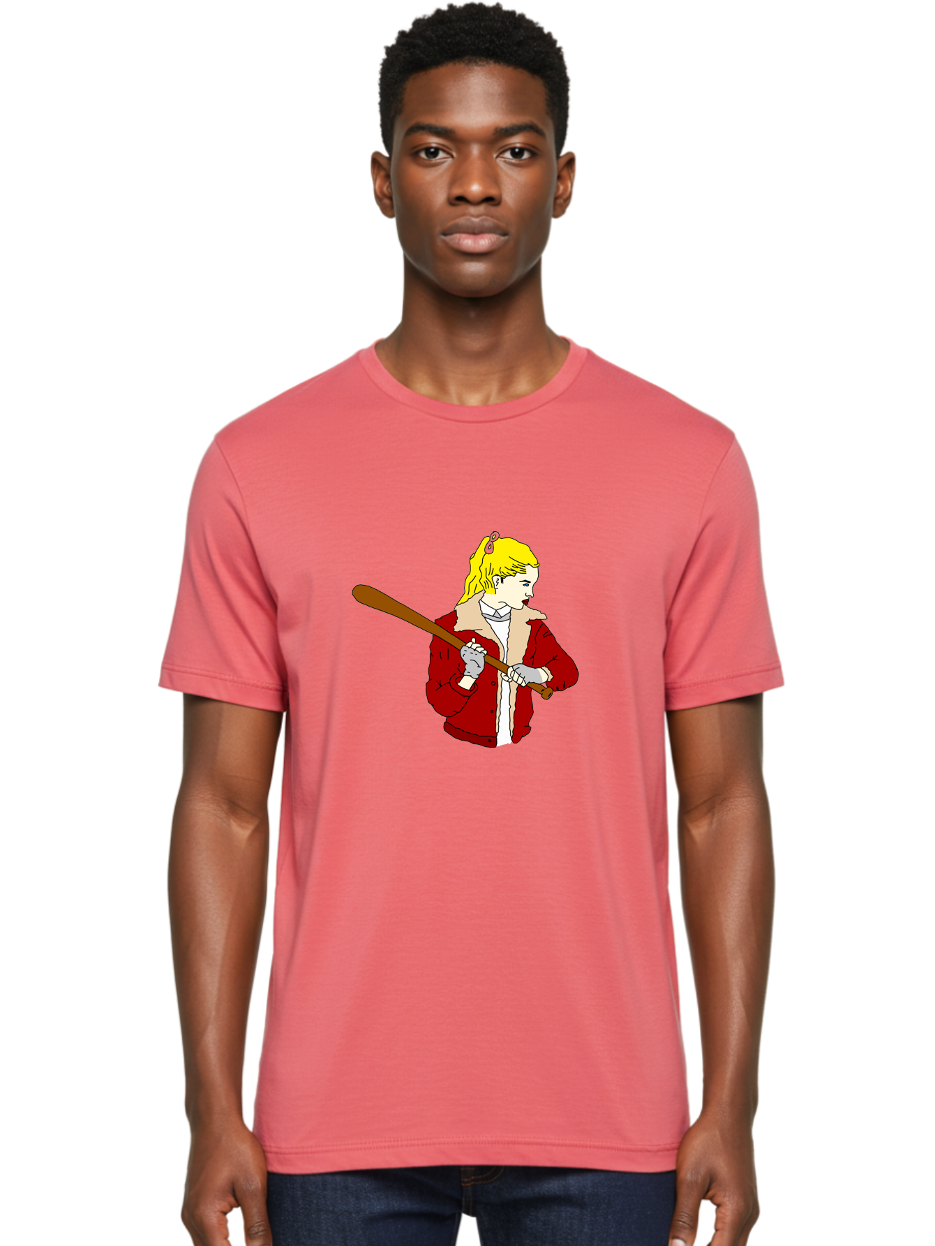 Girl-With-Baseball-Bat Men'S Graphic Tee, 100% Cotton, Comfortable Casual Summer Wear, Machine Washable, Girl With Blonde Hair, Red Jacket With Fur Collar, Holding Baseball Bat, Cartoon Style, Baseball Player, Young Athlete, Sporty Girl, -  Aaa044 24