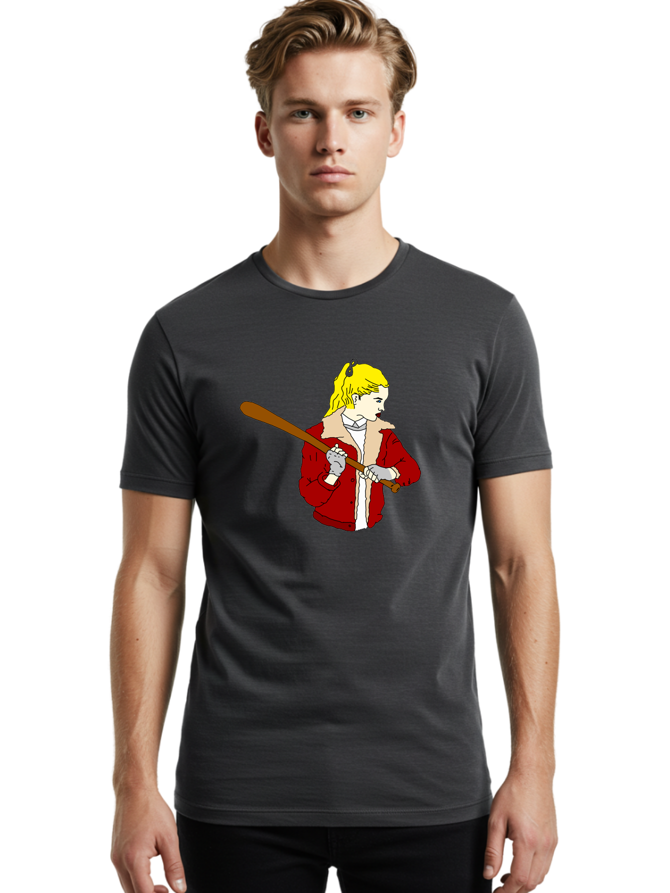 Girl-With-Baseball-Bat Men'S Graphic Tee, 100% Cotton, Comfortable Casual Summer Wear, Machine Washable, Girl With Blonde Hair, Red Jacket With Fur Collar, Holding Baseball Bat, Cartoon Style, Baseball Player, Young Athlete, Sporty Girl, -  Aaa044 30