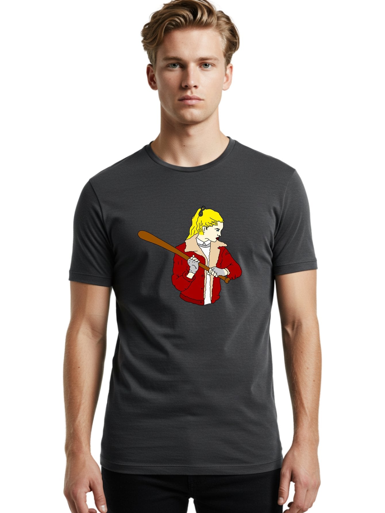 Girl-With-Baseball-Bat Men'S Graphic Tee, 100% Cotton, Comfortable Casual Summer Wear, Machine Washable, Girl With Blonde Hair, Red Jacket With Fur Collar, Holding Baseball Bat, Cartoon Style, Baseball Player, Young Athlete, Sporty Girl, -  Aaa044 18