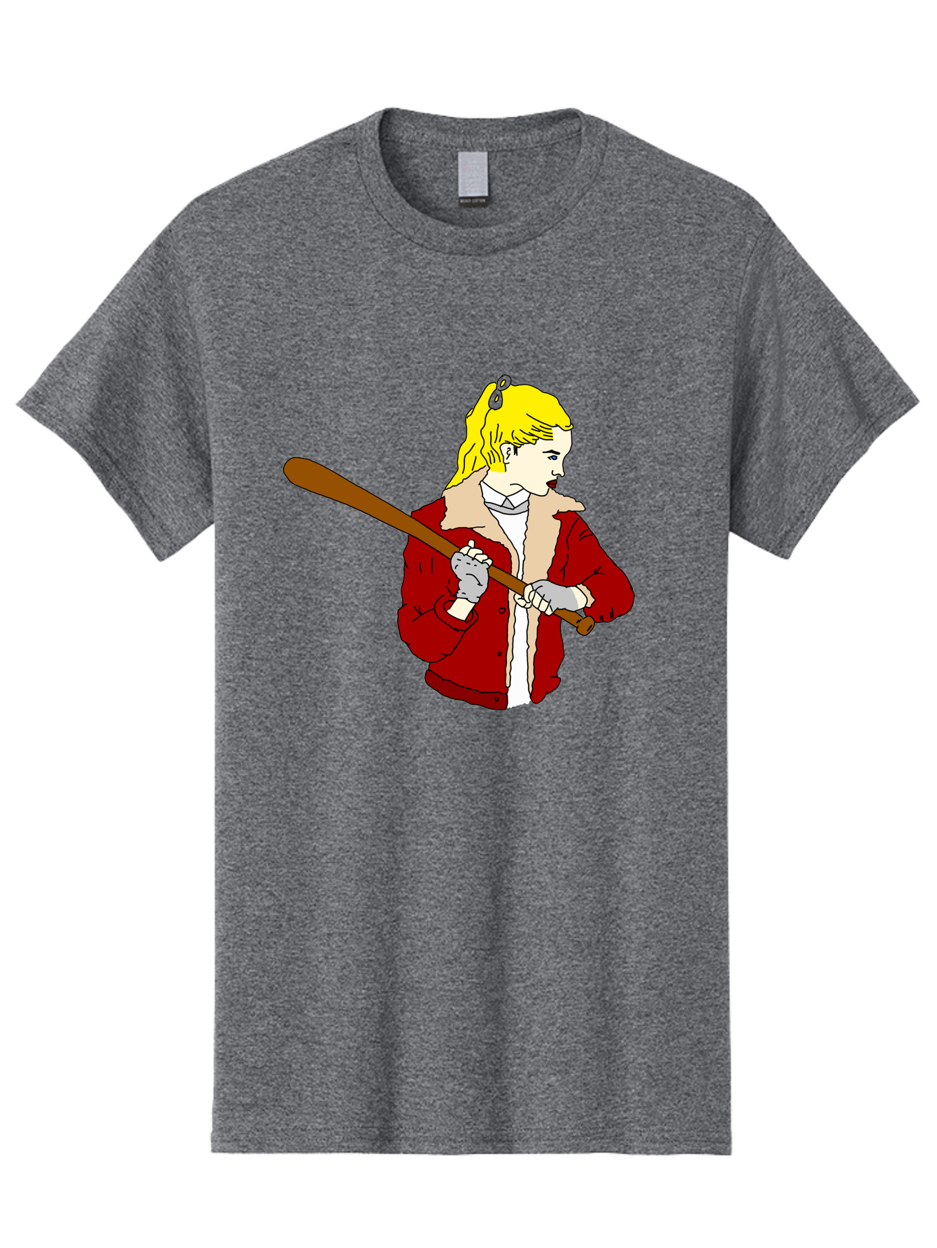 Girl-With-Baseball-Bat Men'S Graphic Tee, 100% Cotton, Comfortable Casual Summer Wear, Machine Washable, Girl With Blonde Hair, Red Jacket With Fur Collar, Holding Baseball Bat, Cartoon Style, Baseball Player, Young Athlete, Sporty Girl, -  Aaa044 19