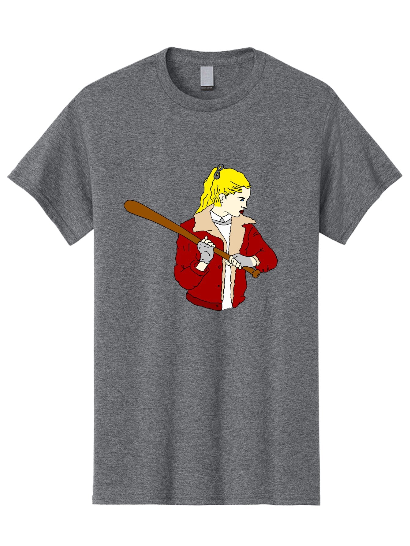 Girl-With-Baseball-Bat Men'S Graphic Tee, 100% Cotton, Comfortable Casual Summer Wear, Machine Washable, Girl With Blonde Hair, Red Jacket With Fur Collar, Holding Baseball Bat, Cartoon Style, Baseball Player, Young Athlete, Sporty Girl, -  Aaa044 21