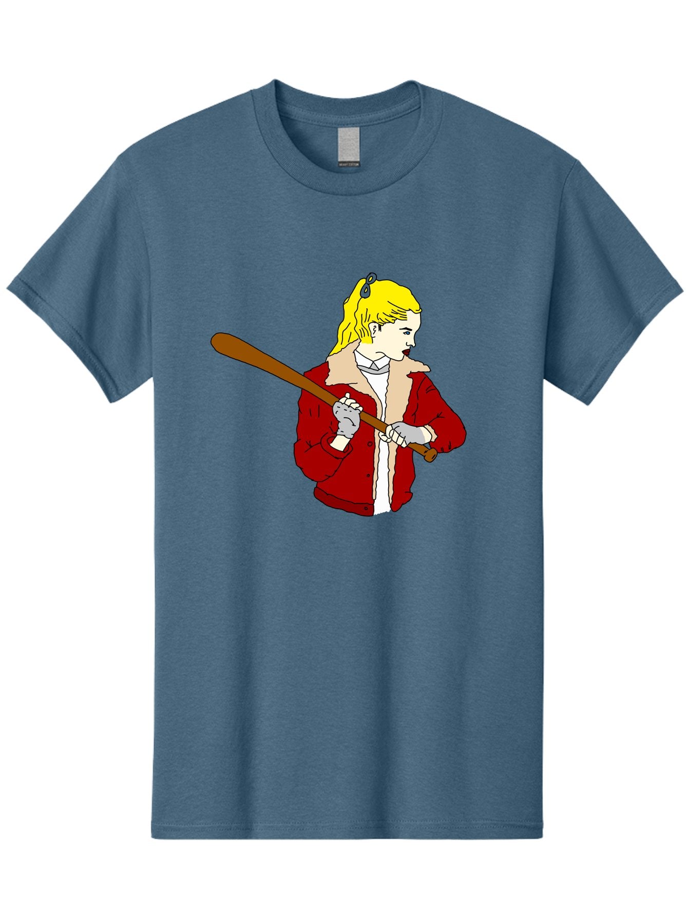 Girl-With-Baseball-Bat Men'S Graphic Tee, 100% Cotton, Comfortable Casual Summer Wear, Machine Washable, Girl With Blonde Hair, Red Jacket With Fur Collar, Holding Baseball Bat, Cartoon Style, Baseball Player, Young Athlete, Sporty Girl, -  Aaa044