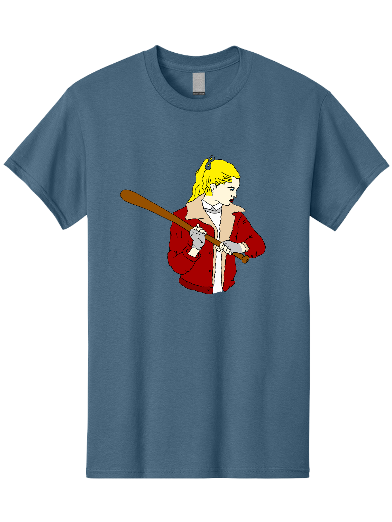 Girl-With-Baseball-Bat Men'S Graphic Tee, 100% Cotton, Comfortable Casual Summer Wear, Machine Washable, Girl With Blonde Hair, Red Jacket With Fur Collar, Holding Baseball Bat, Cartoon Style, Baseball Player, Young Athlete, Sporty Girl, -  Aaa044 25