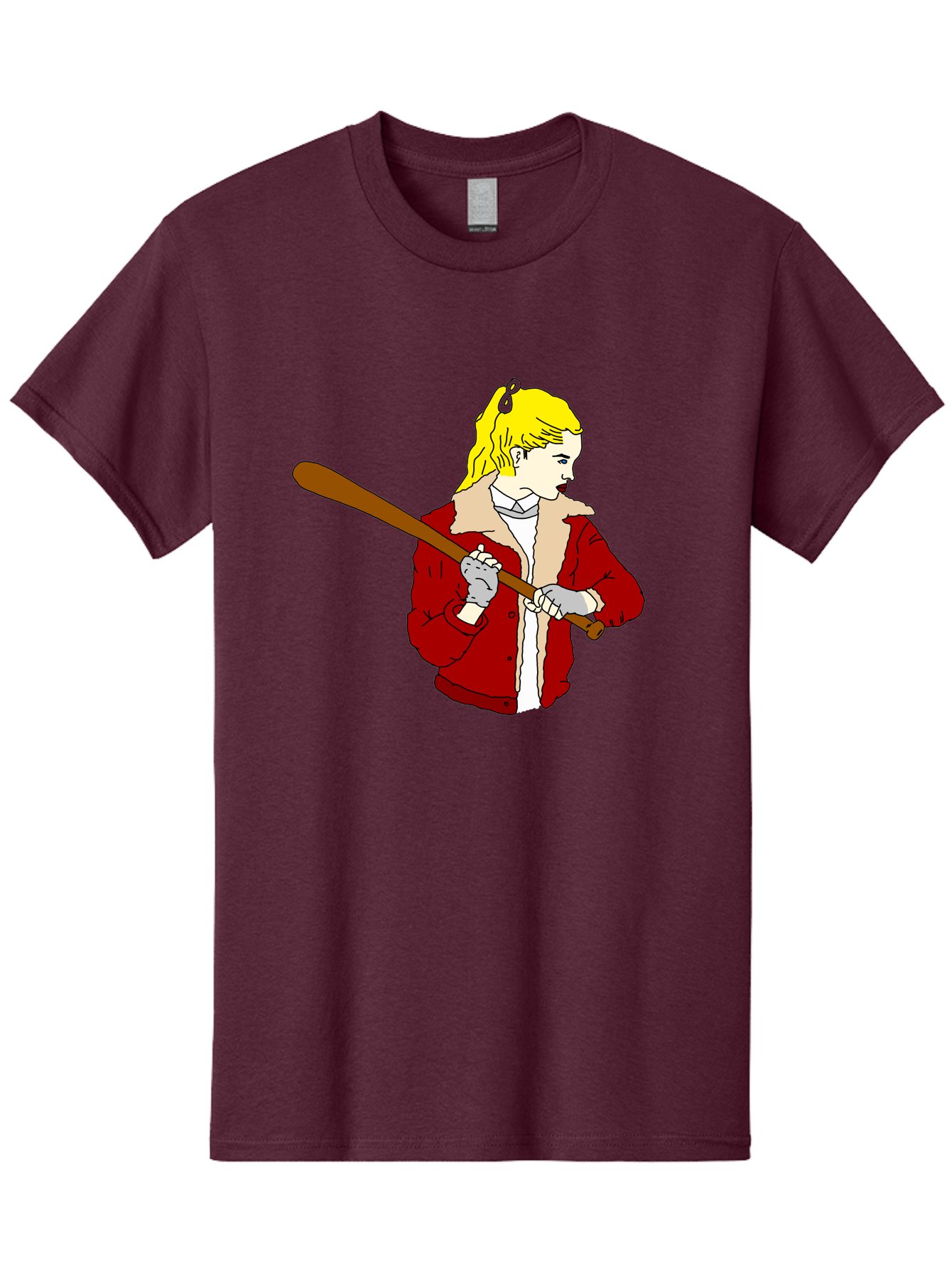 Girl-With-Baseball-Bat Men'S Graphic Tee, 100% Cotton, Comfortable Casual Summer Wear, Machine Washable, Girl With Blonde Hair, Red Jacket With Fur Collar, Holding Baseball Bat, Cartoon Style, Baseball Player, Young Athlete, Sporty Girl, -  Aaa044 7