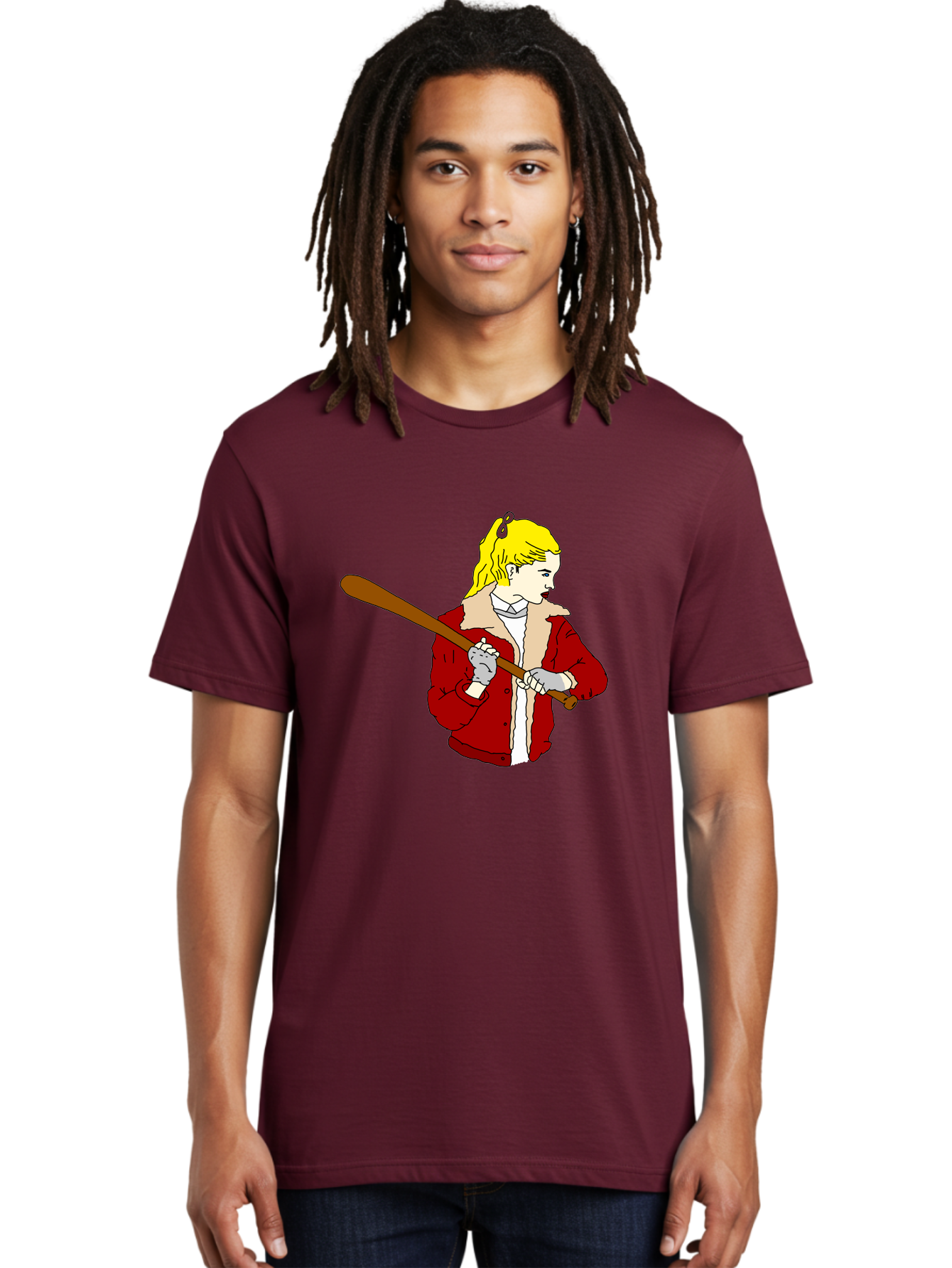 Girl-With-Baseball-Bat Men'S Graphic Tee, 100% Cotton, Comfortable Casual Summer Wear, Machine Washable, Girl With Blonde Hair, Red Jacket With Fur Collar, Holding Baseball Bat, Cartoon Style, Baseball Player, Young Athlete, Sporty Girl, -  Aaa044 8
