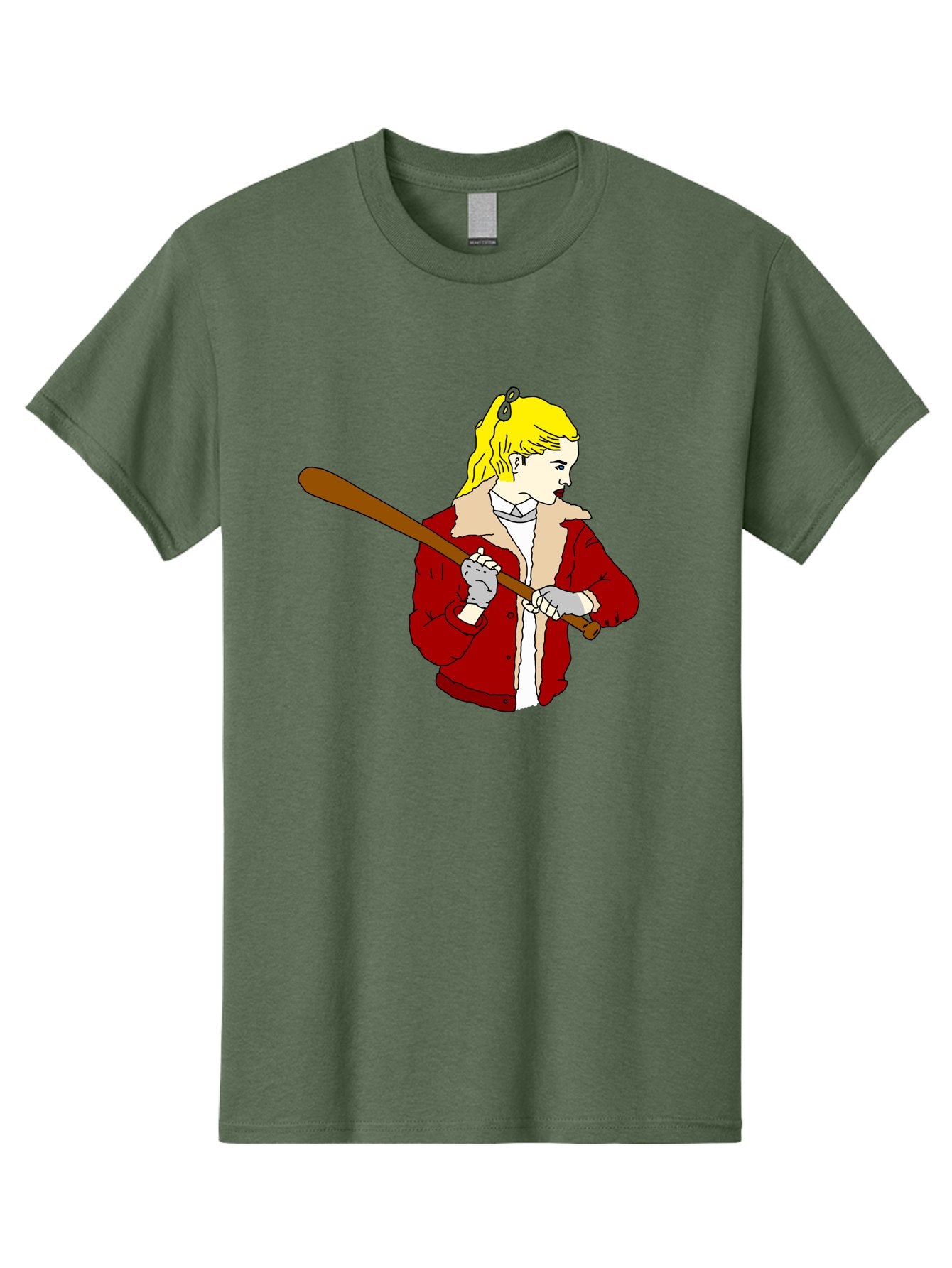 Girl-With-Baseball-Bat Men'S Graphic Tee, 100% Cotton, Comfortable Casual Summer Wear, Machine Washable, Girl With Blonde Hair, Red Jacket With Fur Collar, Holding Baseball Bat, Cartoon Style, Baseball Player, Young Athlete, Sporty Girl, -  Aaa044 7