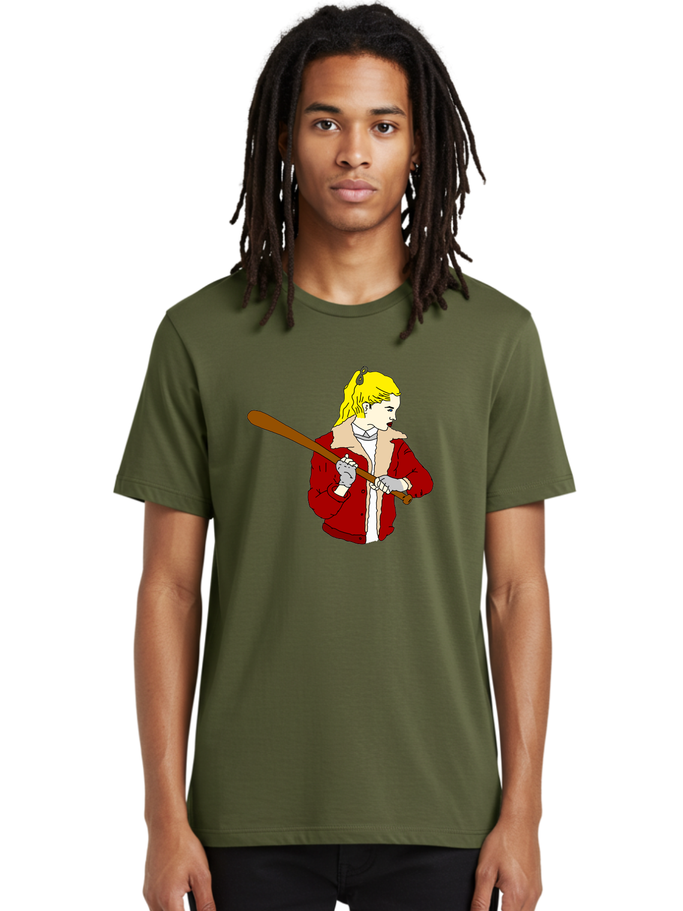 Girl-With-Baseball-Bat Men'S Graphic Tee, 100% Cotton, Comfortable Casual Summer Wear, Machine Washable, Girl With Blonde Hair, Red Jacket With Fur Collar, Holding Baseball Bat, Cartoon Style, Baseball Player, Young Athlete, Sporty Girl, -  Aaa044 22