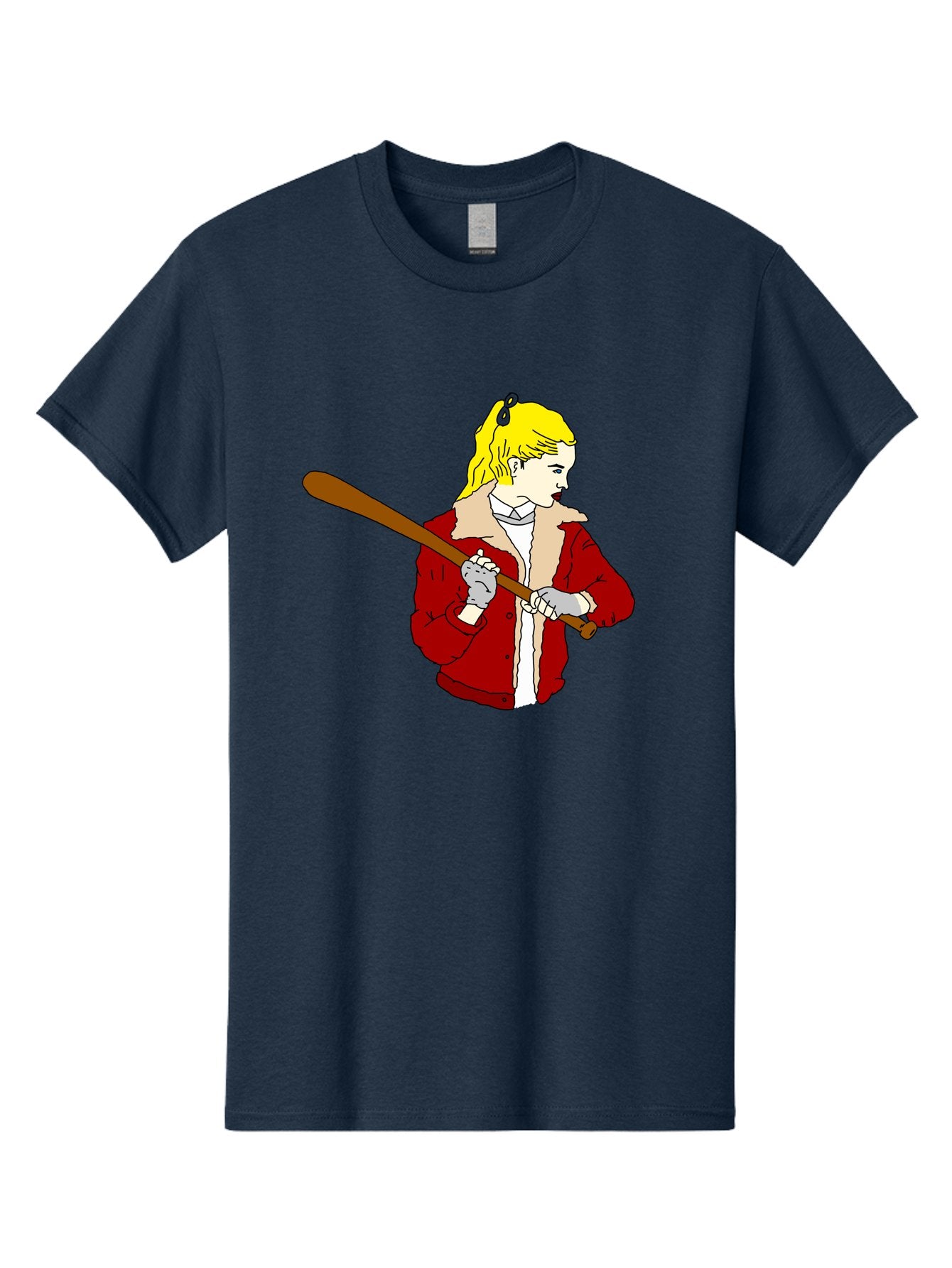 Girl-With-Baseball-Bat Men'S Graphic Tee, 100% Cotton, Comfortable Casual Summer Wear, Machine Washable, Girl With Blonde Hair, Red Jacket With Fur Collar, Holding Baseball Bat, Cartoon Style, Baseball Player, Young Athlete, Sporty Girl, -  Aaa044 29