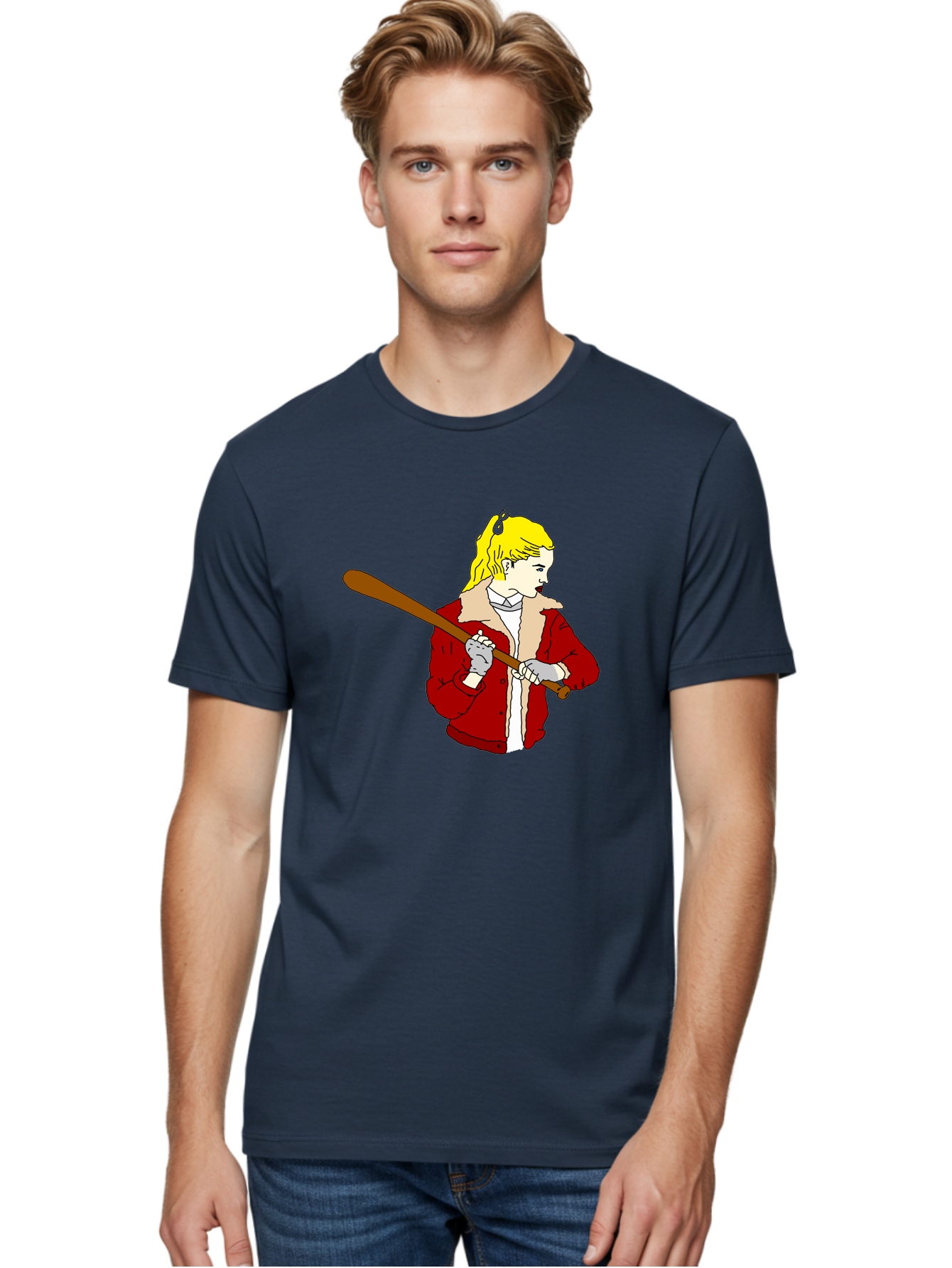 Girl-With-Baseball-Bat Men'S Graphic Tee, 100% Cotton, Comfortable Casual Summer Wear, Machine Washable, Girl With Blonde Hair, Red Jacket With Fur Collar, Holding Baseball Bat, Cartoon Style, Baseball Player, Young Athlete, Sporty Girl, -  Aaa044 10