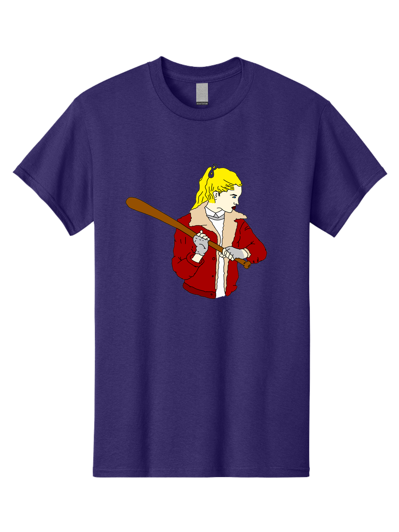 Girl-With-Baseball-Bat Men'S Graphic Tee, 100% Cotton, Comfortable Casual Summer Wear, Machine Washable, Girl With Blonde Hair, Red Jacket With Fur Collar, Holding Baseball Bat, Cartoon Style, Baseball Player, Young Athlete, Sporty Girl, -  Aaa044 17
