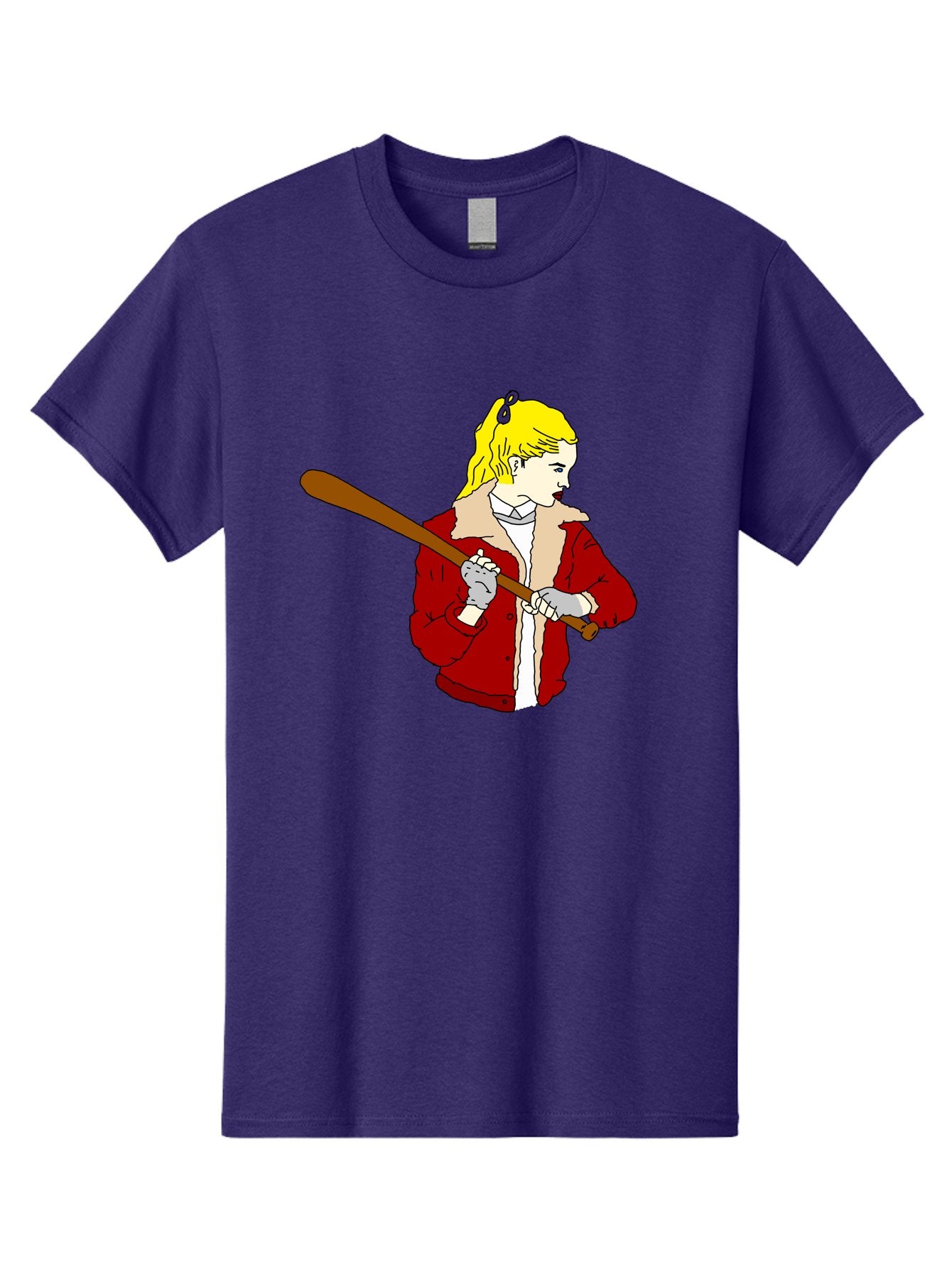 Girl-With-Baseball-Bat Men'S Graphic Tee, 100% Cotton, Comfortable Casual Summer Wear, Machine Washable, Girl With Blonde Hair, Red Jacket With Fur Collar, Holding Baseball Bat, Cartoon Style, Baseball Player, Young Athlete, Sporty Girl, -  Aaa044 15