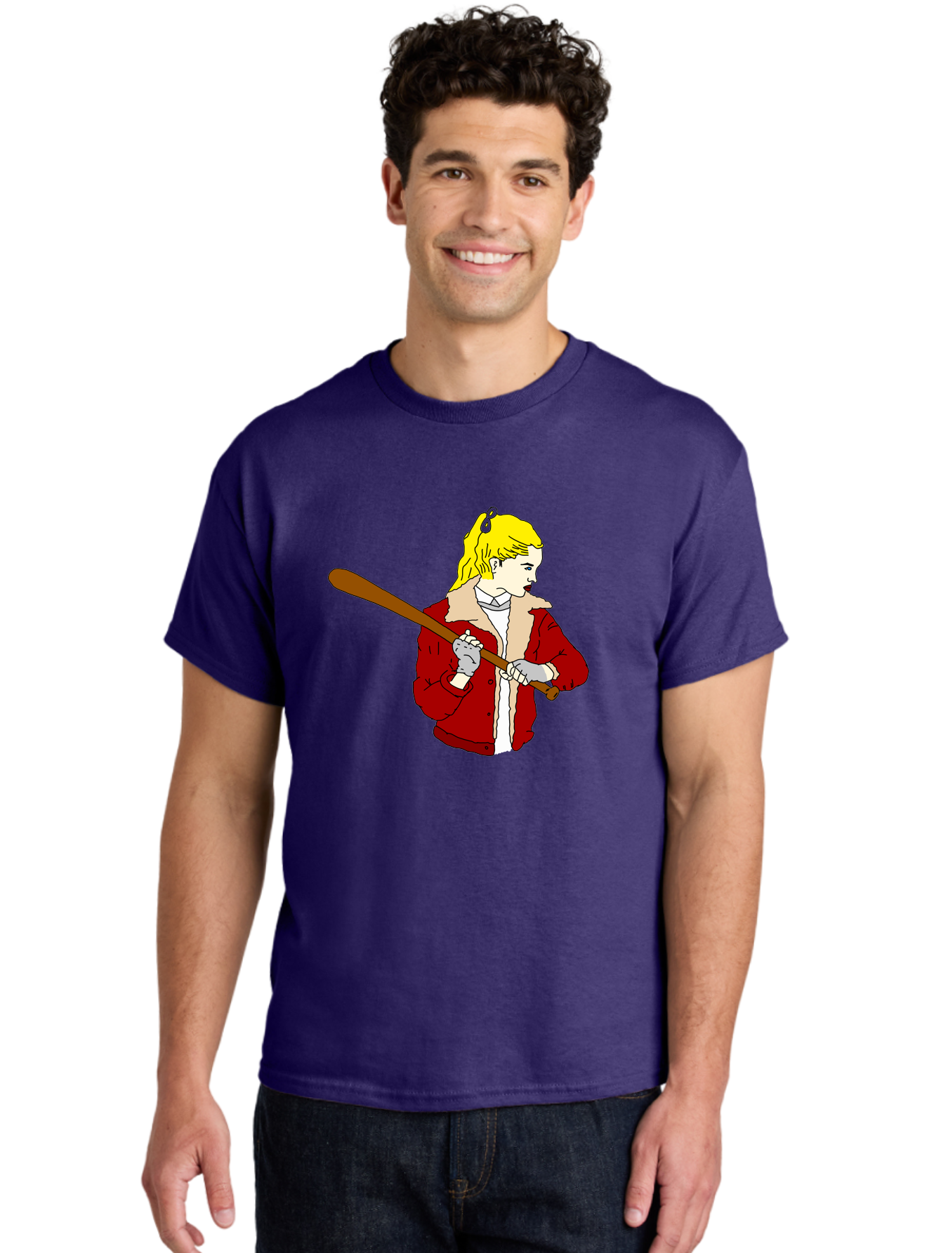Girl-With-Baseball-Bat Men'S Graphic Tee, 100% Cotton, Comfortable Casual Summer Wear, Machine Washable, Girl With Blonde Hair, Red Jacket With Fur Collar, Holding Baseball Bat, Cartoon Style, Baseball Player, Young Athlete, Sporty Girl, -  Aaa044 18