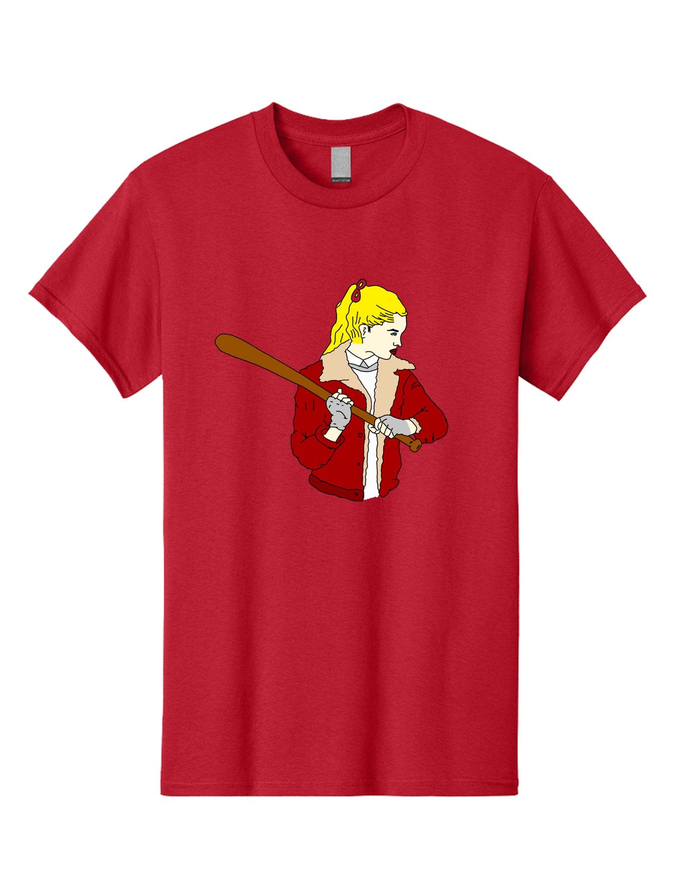 Girl-With-Baseball-Bat Men'S Graphic Tee, 100% Cotton, Comfortable Casual Summer Wear, Machine Washable, Girl With Blonde Hair, Red Jacket With Fur Collar, Holding Baseball Bat, Cartoon Style, Baseball Player, Young Athlete, Sporty Girl, -  Aaa044 25