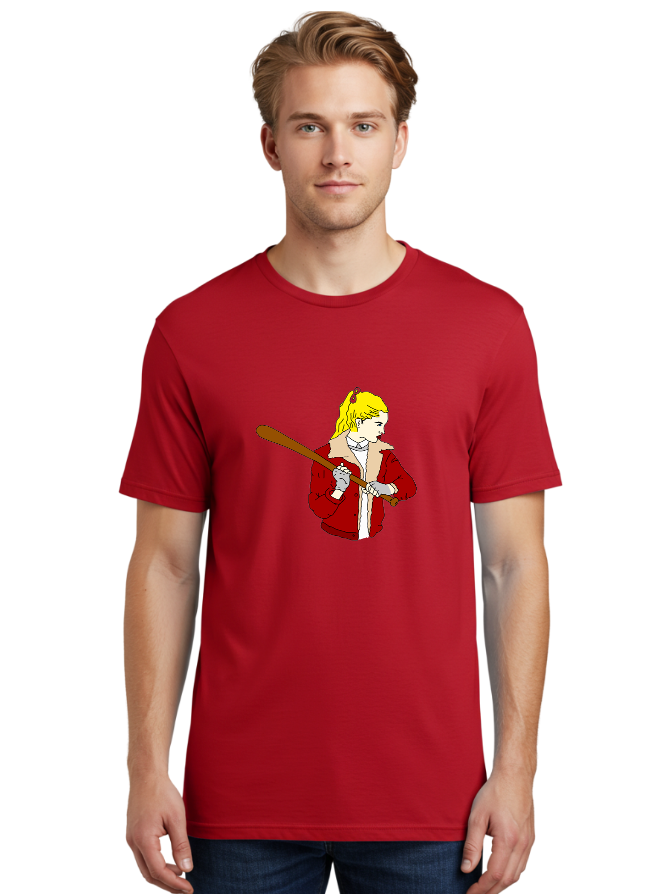 Girl-With-Baseball-Bat Men'S Graphic Tee, 100% Cotton, Comfortable Casual Summer Wear, Machine Washable, Girl With Blonde Hair, Red Jacket With Fur Collar, Holding Baseball Bat, Cartoon Style, Baseball Player, Young Athlete, Sporty Girl, -  Aaa044 6