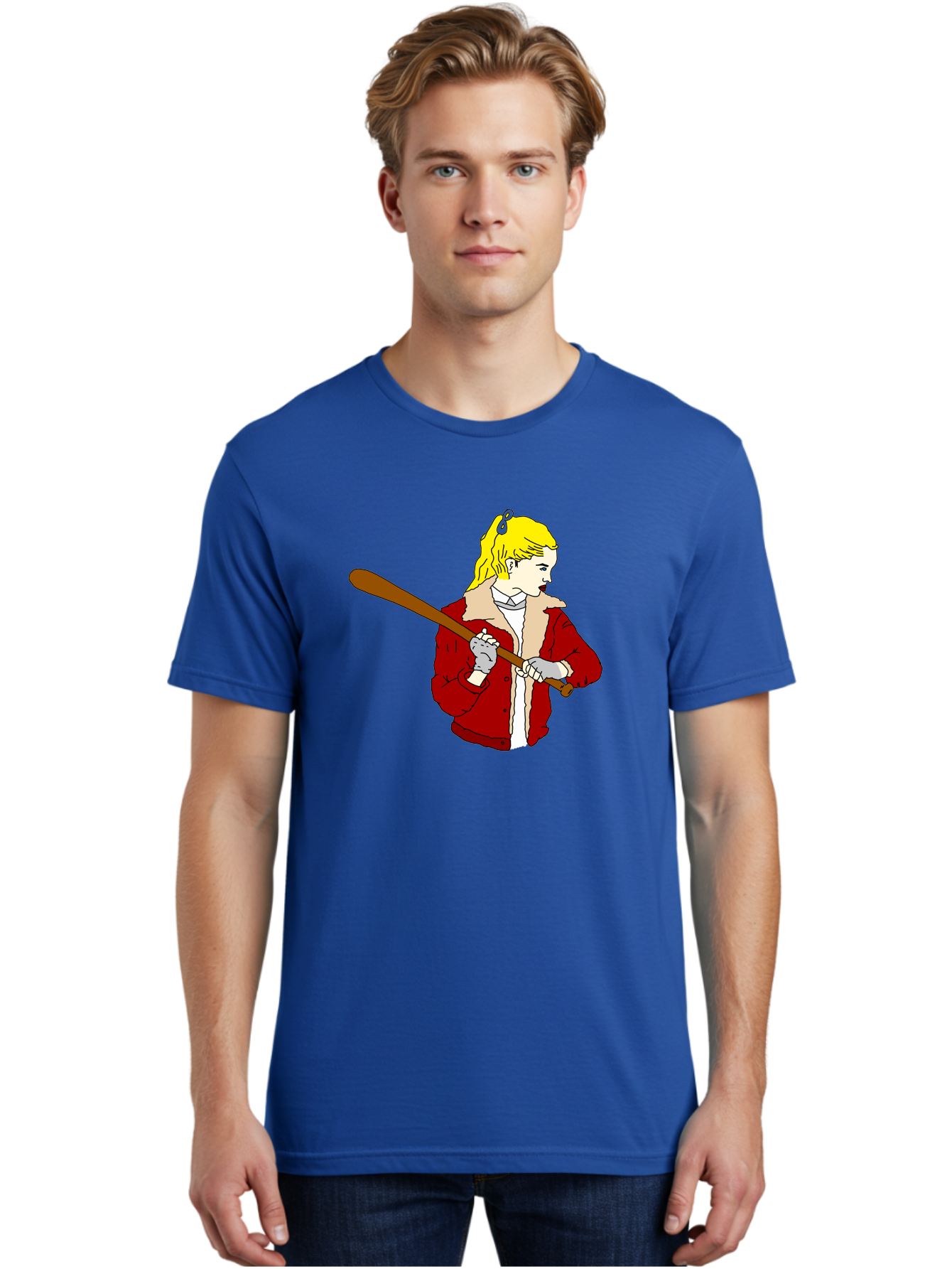 Girl-With-Baseball-Bat Men'S Graphic Tee, 100% Cotton, Comfortable Casual Summer Wear, Machine Washable, Girl With Blonde Hair, Red Jacket With Fur Collar, Holding Baseball Bat, Cartoon Style, Baseball Player, Young Athlete, Sporty Girl, -  Aaa044 16