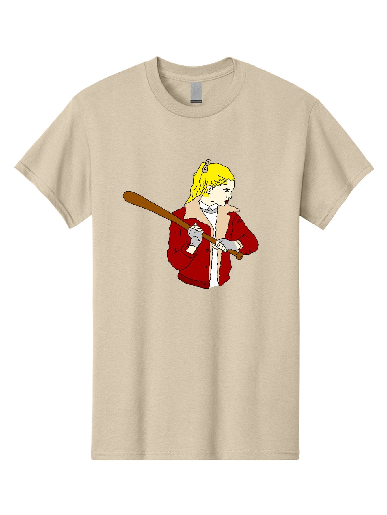 Girl-With-Baseball-Bat Men'S Graphic Tee, 100% Cotton, Comfortable Casual Summer Wear, Machine Washable, Girl With Blonde Hair, Red Jacket With Fur Collar, Holding Baseball Bat, Cartoon Style, Baseball Player, Young Athlete, Sporty Girl, -  Aaa044 27