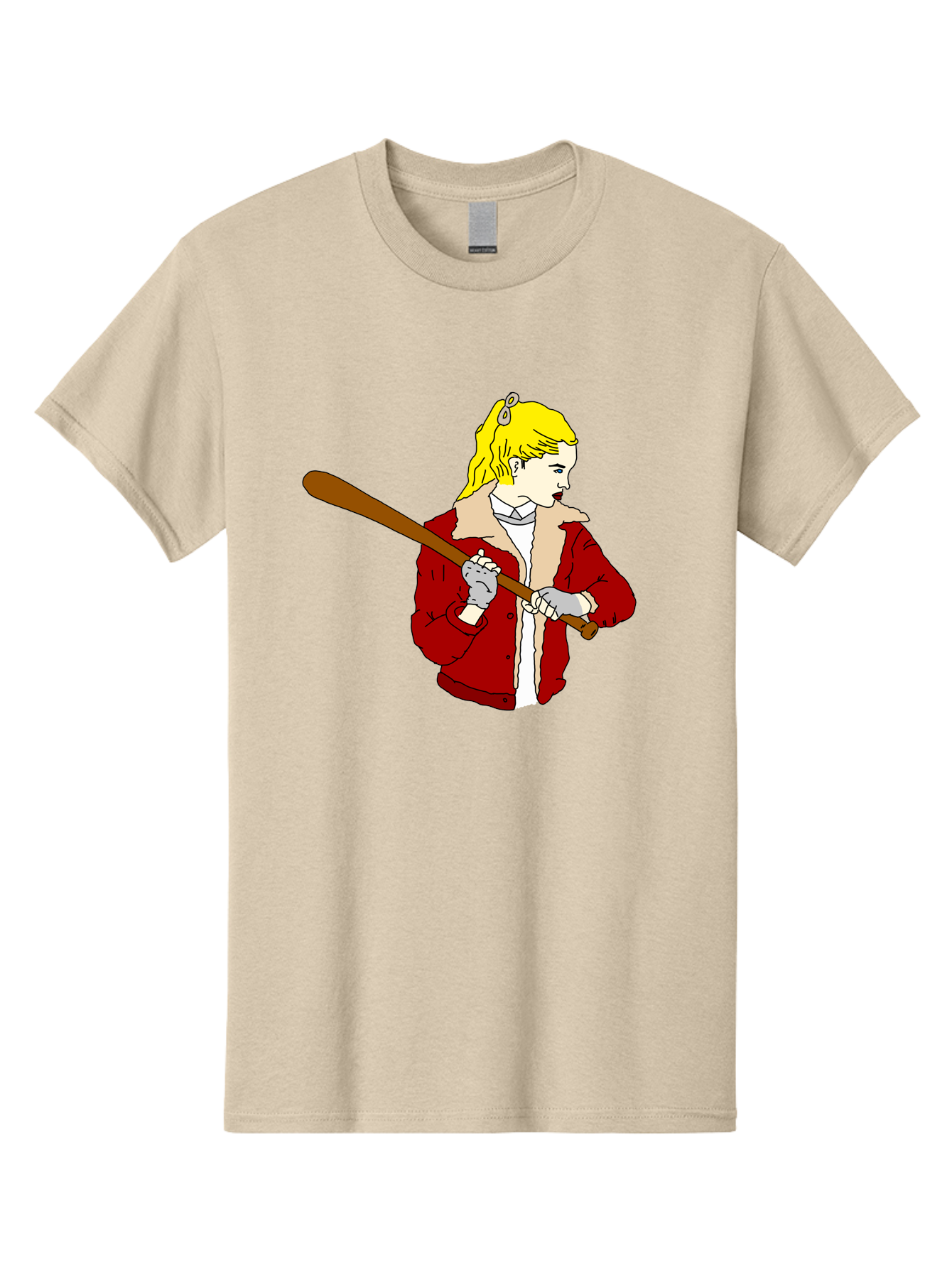 Girl-With-Baseball-Bat Men'S Graphic Tee, 100% Cotton, Comfortable Casual Summer Wear, Machine Washable, Girl With Blonde Hair, Red Jacket With Fur Collar, Holding Baseball Bat, Cartoon Style, Baseball Player, Young Athlete, Sporty Girl, -  Aaa044