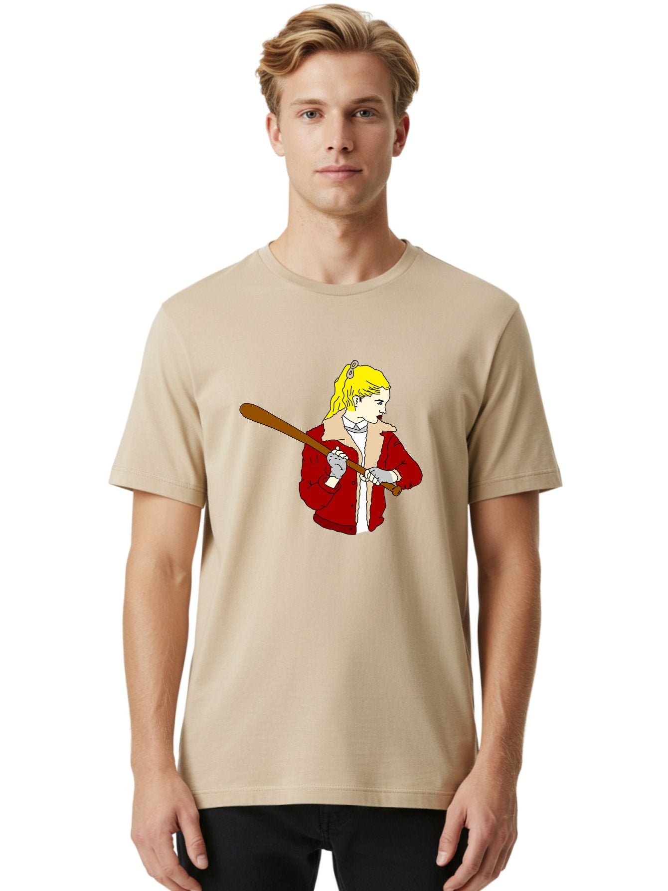Girl-With-Baseball-Bat Men'S Graphic Tee, 100% Cotton, Comfortable Casual Summer Wear, Machine Washable, Girl With Blonde Hair, Red Jacket With Fur Collar, Holding Baseball Bat, Cartoon Style, Baseball Player, Young Athlete, Sporty Girl, -  Aaa044 28