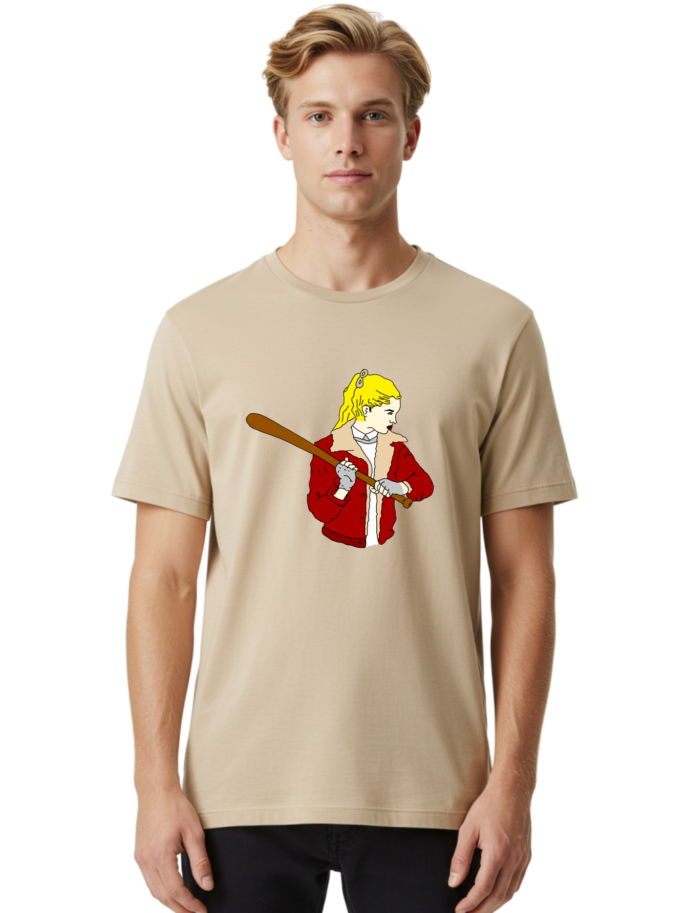 Girl-With-Baseball-Bat Men'S Graphic Tee, 100% Cotton, Comfortable Casual Summer Wear, Machine Washable, Girl With Blonde Hair, Red Jacket With Fur Collar, Holding Baseball Bat, Cartoon Style, Baseball Player, Young Athlete, Sporty Girl, -  Aaa044
