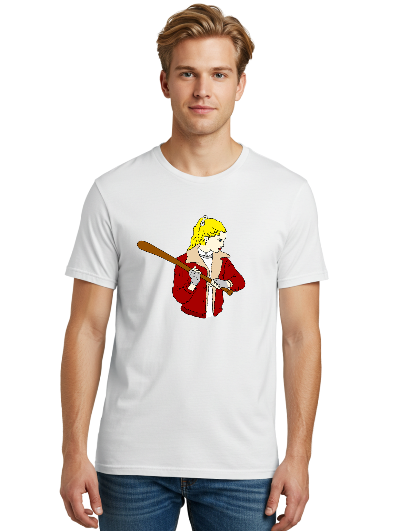 Girl-With-Baseball-Bat Men'S Graphic Tee, 100% Cotton, Comfortable Casual Summer Wear, Machine Washable, Girl With Blonde Hair, Red Jacket With Fur Collar, Holding Baseball Bat, Cartoon Style, Baseball Player, Young Athlete, Sporty Girl, -  Aaa044 12