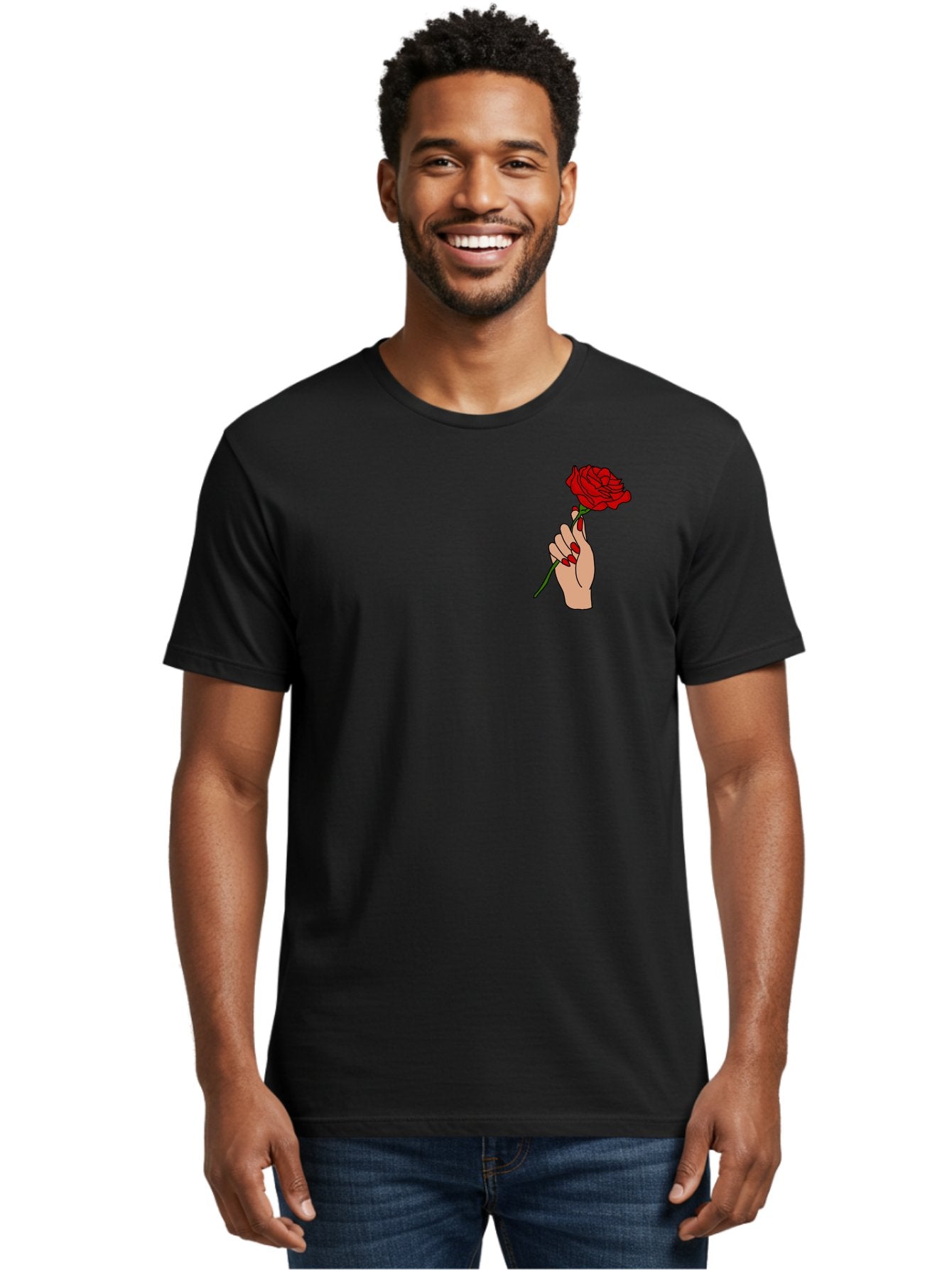 Hand-Holding-Red-Rose Men'S Graphic Tee, 100% Cotton, Comfortable Casual Summer Wear, Machine Washable, Hand Holding Red Rose, Red Rose Illustration, Romantic Gesture, Beautiful Flowers, Lovely Illustration, Cartoon Hand, Red Flowers -  Aaa050 18