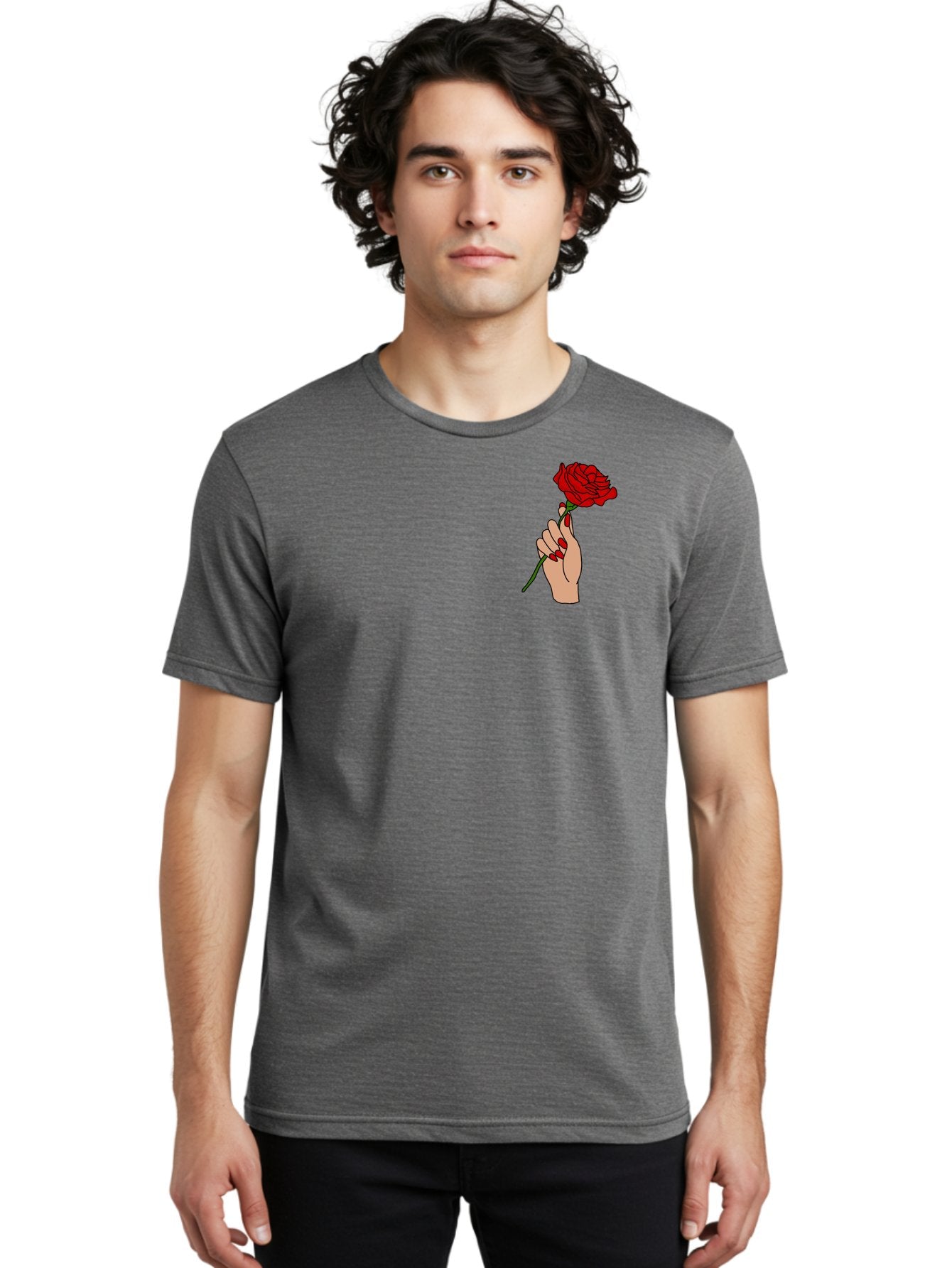 Hand-Holding-Red-Rose Men'S Graphic Tee, 100% Cotton, Comfortable Casual Summer Wear, Machine Washable, Hand Holding Red Rose, Red Rose Illustration, Romantic Gesture, Beautiful Flowers, Lovely Illustration, Cartoon Hand, Red Flowers -  Aaa050 26