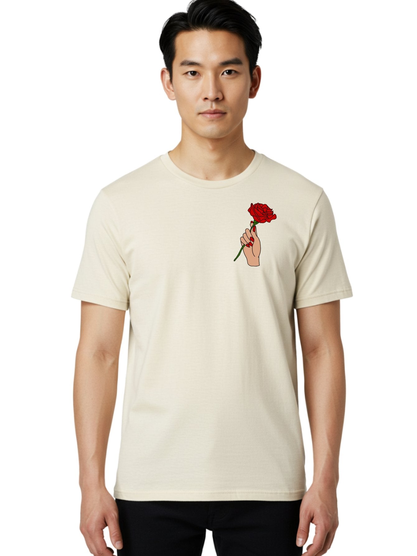 Hand-Holding-Red-Rose Men'S Graphic Tee, 100% Cotton, Comfortable Casual Summer Wear, Machine Washable, Hand Holding Red Rose, Red Rose Illustration, Romantic Gesture, Beautiful Flowers, Lovely Illustration, Cartoon Hand, Red Flowers -  Aaa050 6