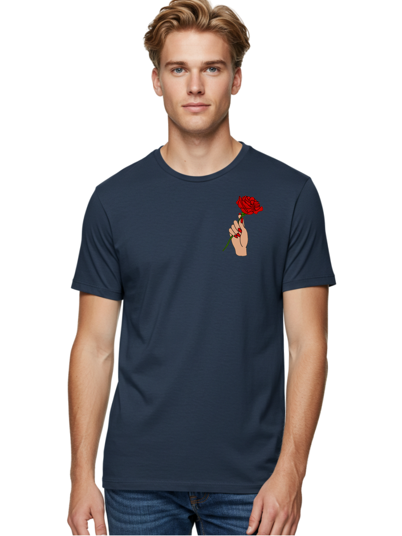 Hand-Holding-Red-Rose Men'S Graphic Tee, 100% Cotton, Comfortable Casual Summer Wear, Machine Washable, Hand Holding Red Rose, Red Rose Illustration, Romantic Gesture, Beautiful Flowers, Lovely Illustration, Cartoon Hand, Red Flowers -  Aaa050