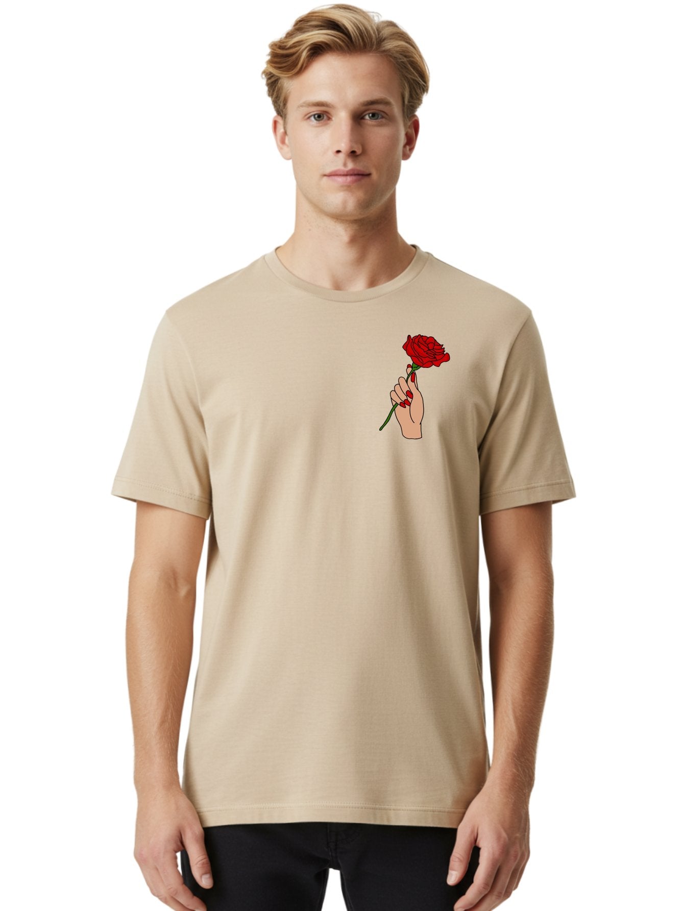 Hand-Holding-Red-Rose Men'S Graphic Tee, 100% Cotton, Comfortable Casual Summer Wear, Machine Washable, Hand Holding Red Rose, Red Rose Illustration, Romantic Gesture, Beautiful Flowers, Lovely Illustration, Cartoon Hand, Red Flowers -  Aaa050 28
