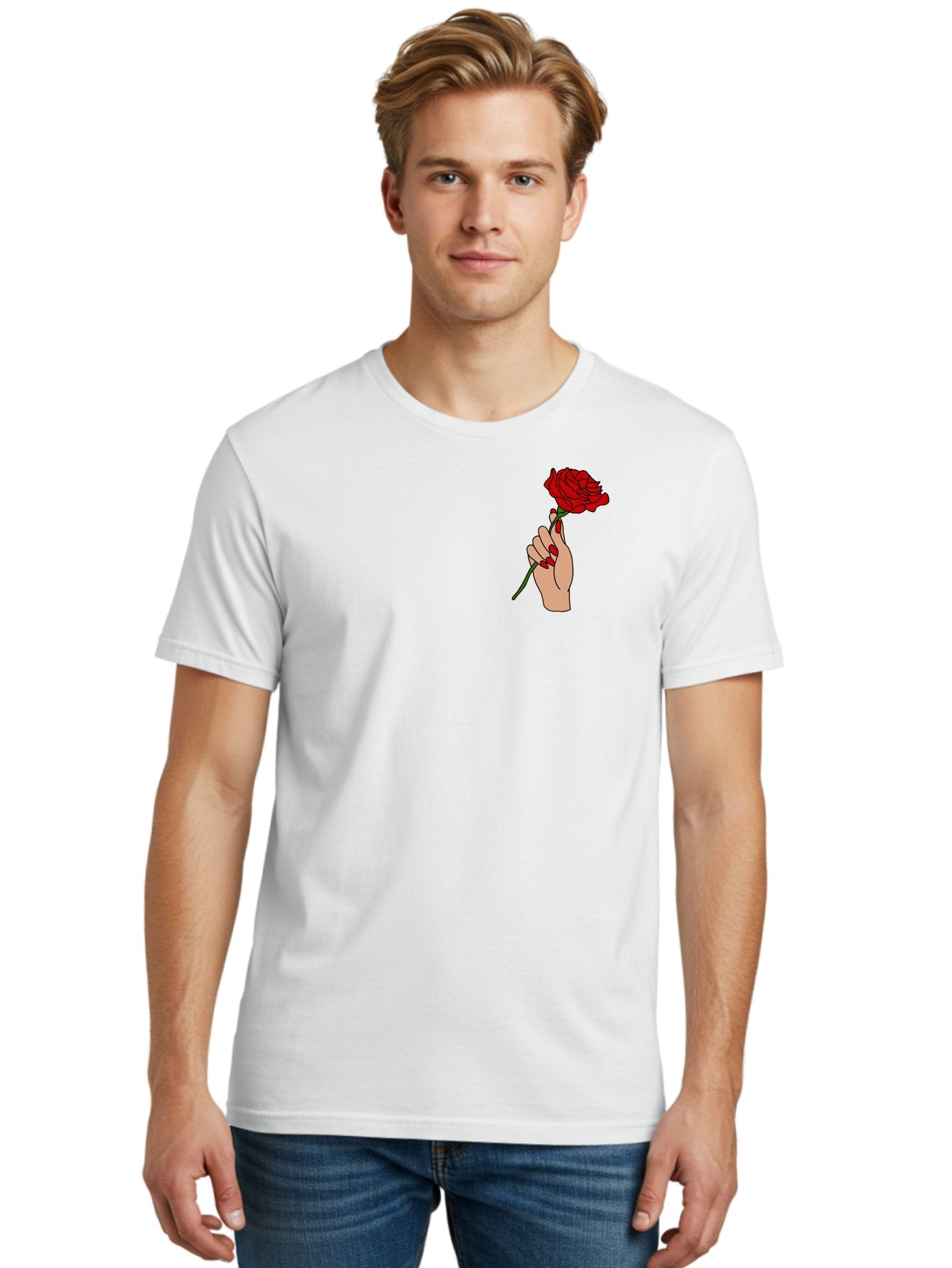 Hand-Holding-Red-Rose Men'S Graphic Tee, 100% Cotton, Comfortable Casual Summer Wear, Machine Washable, Hand Holding Red Rose, Red Rose Illustration, Romantic Gesture, Beautiful Flowers, Lovely Illustration, Cartoon Hand, Red Flowers -  Aaa050 16