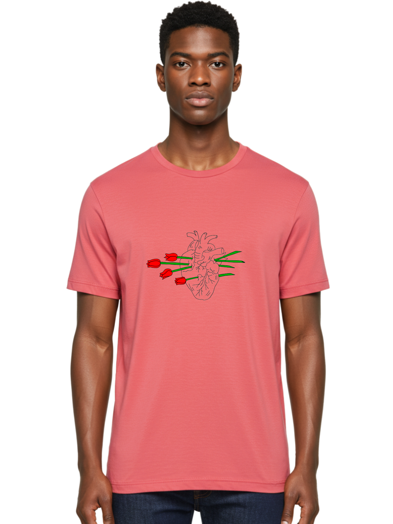 Heart-With-Tulips Men'S Graphic Tee, 100% Cotton, Comfortable Casual Summer Wear, Machine Washable, Human Heart, Anatomical Illustration, Tulips, Red Flowers, Daggers, Piercing, Love, Pain, Beauty, Contrast, Symbolic Art, -  Aaa052 28