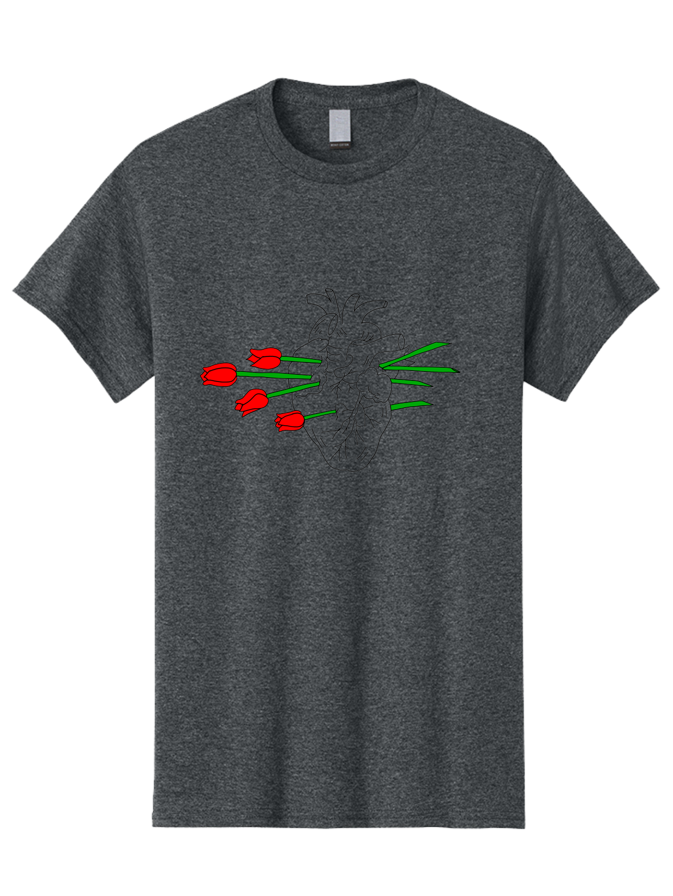 Heart-With-Tulips Men'S Graphic Tee, 100% Cotton, Comfortable Casual Summer Wear, Machine Washable, Human Heart, Anatomical Illustration, Tulips, Red Flowers, Daggers, Piercing, Love, Pain, Beauty, Contrast, Symbolic Art, -  Aaa052