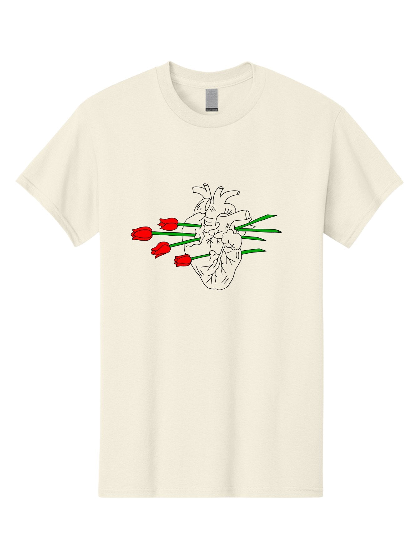 Heart-With-Tulips Men'S Graphic Tee, 100% Cotton, Comfortable Casual Summer Wear, Machine Washable, Human Heart, Anatomical Illustration, Tulips, Red Flowers, Daggers, Piercing, Love, Pain, Beauty, Contrast, Symbolic Art, -  Aaa052 23