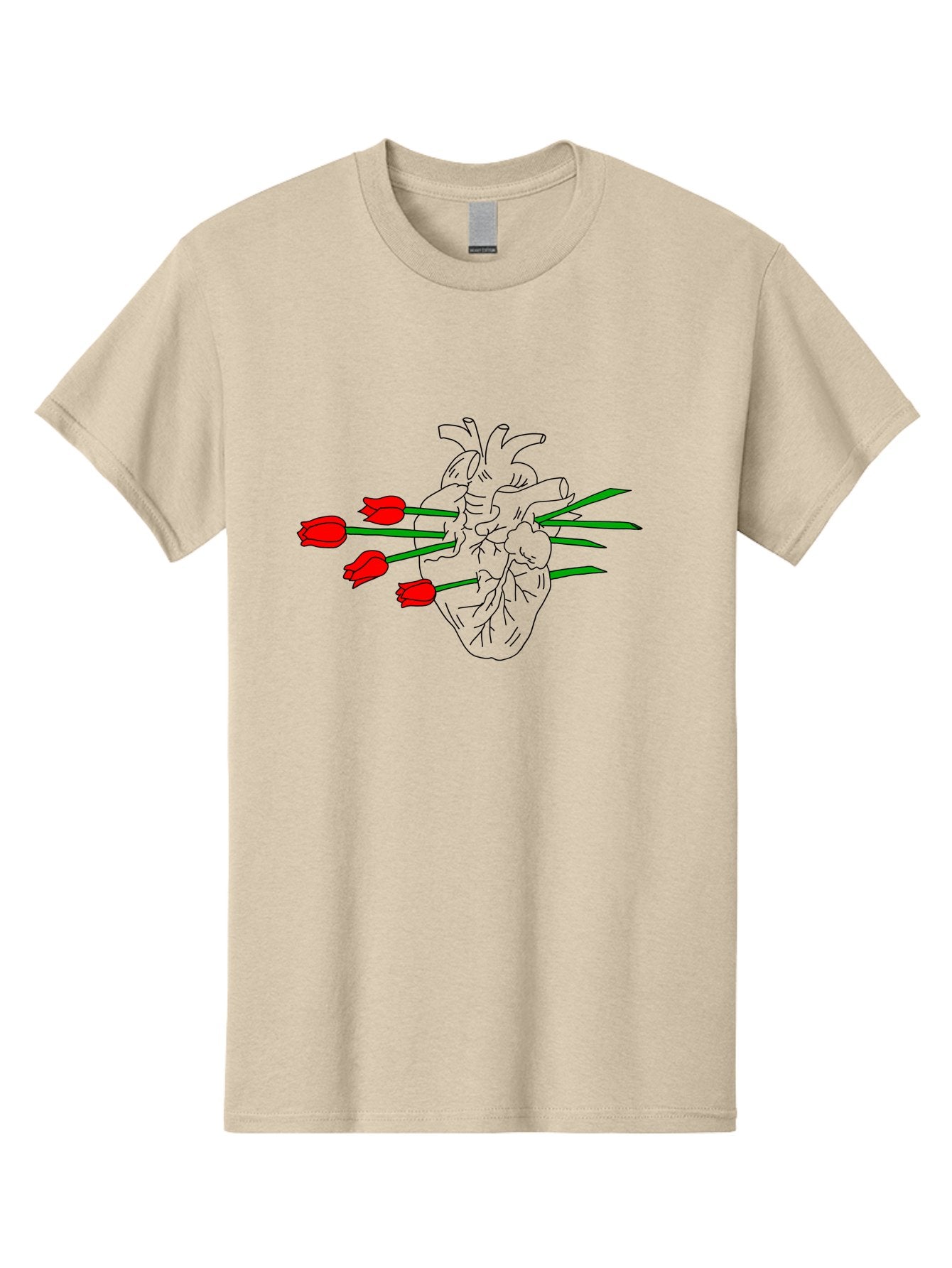 Heart-With-Tulips Men'S Graphic Tee, 100% Cotton, Comfortable Casual Summer Wear, Machine Washable, Human Heart, Anatomical Illustration, Tulips, Red Flowers, Daggers, Piercing, Love, Pain, Beauty, Contrast, Symbolic Art, -  Aaa052 11