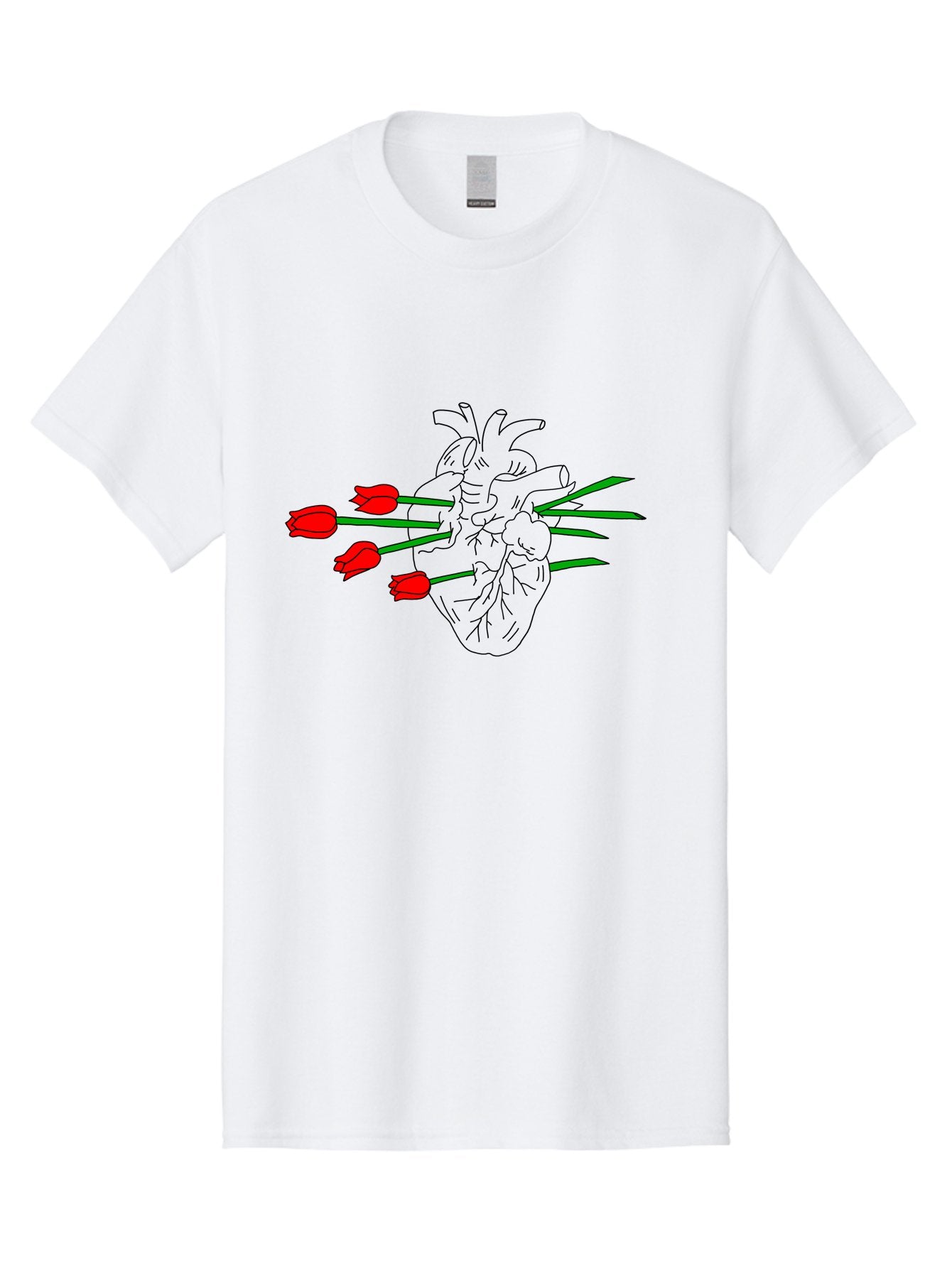 Heart-With-Tulips Men'S Graphic Tee, 100% Cotton, Comfortable Casual Summer Wear, Machine Washable, Human Heart, Anatomical Illustration, Tulips, Red Flowers, Daggers, Piercing, Love, Pain, Beauty, Contrast, Symbolic Art, -  Aaa052 27