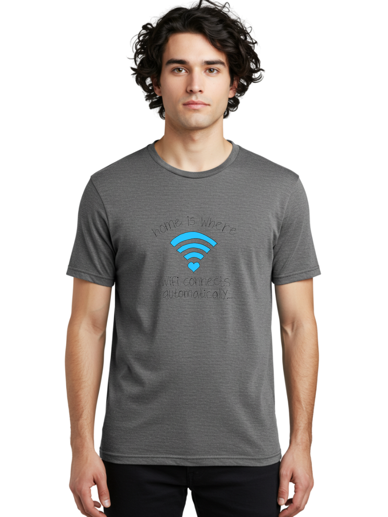 Home-Is-Where-Wifi-Connects-Automatically Men'S Graphic Tee, 100% Cotton, Comfortable Casual Summer Wear, Machine Washable, Wifi Symbol With Heart, Home Sweet Home, Wireless Connection, Digital Life, Humorous Quote, Quirky Design, -  Aaa054 14