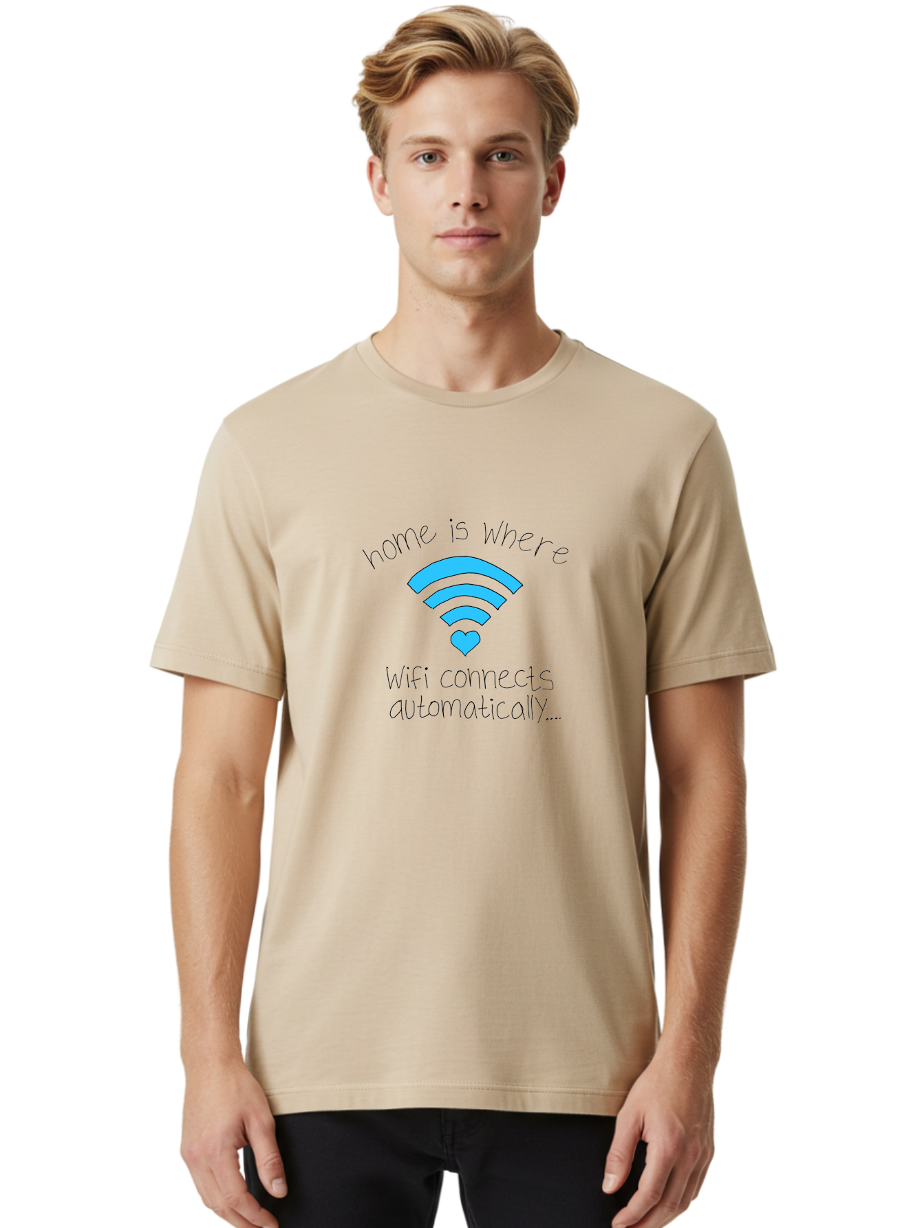 Home-Is-Where-Wifi-Connects-Automatically Men'S Graphic Tee, 100% Cotton, Comfortable Casual Summer Wear, Machine Washable, Wifi Symbol With Heart, Home Sweet Home, Wireless Connection, Digital Life, Humorous Quote, Quirky Design, -  Aaa054 10