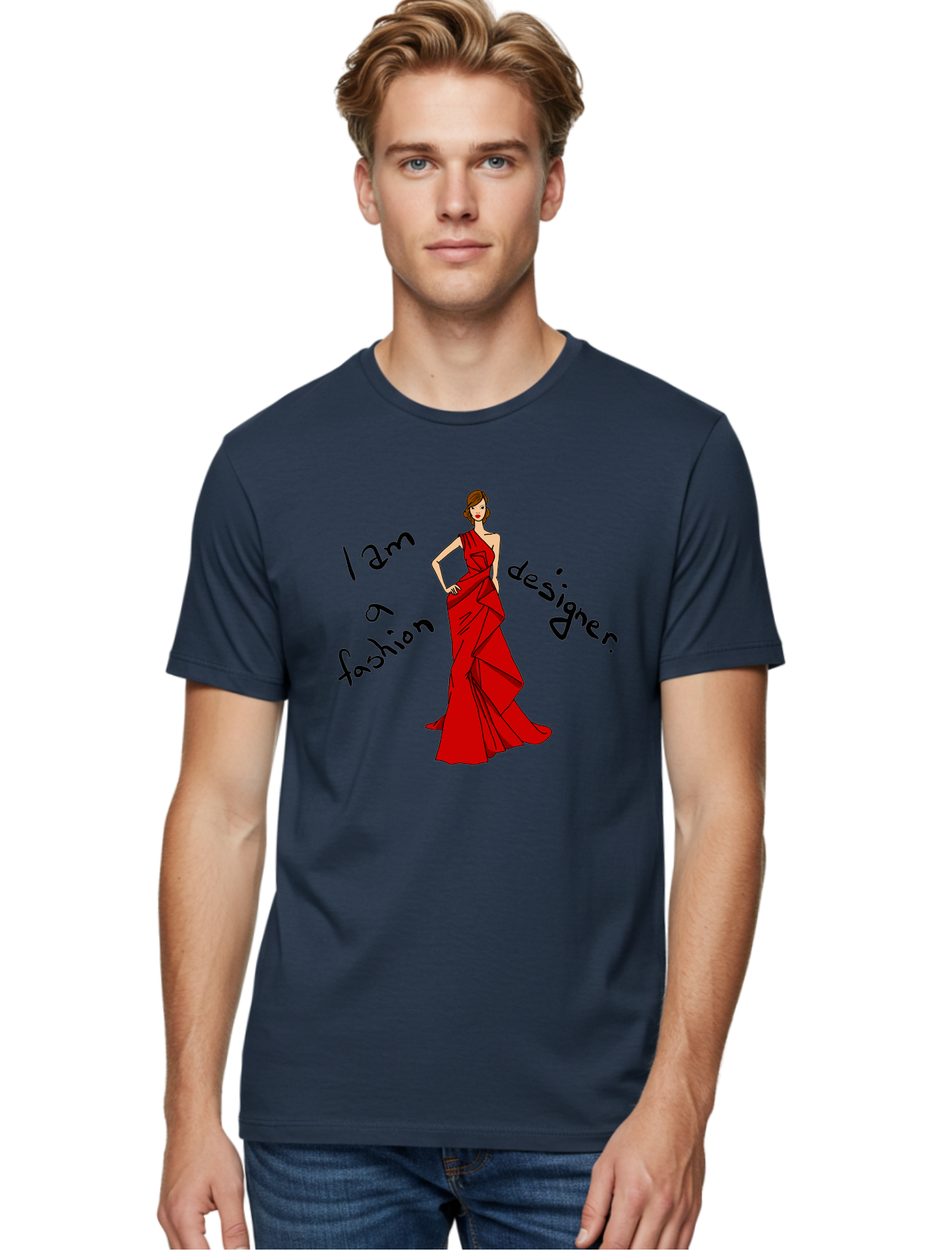 I-Am-A-Fashion-Designer Men'S Graphic Tee, 100% Cotton, Comfortable Casual Summer Wear, Machine Washable, Fashion Designer, Stylish Woman, Red Dress, Elegant Pose, Fashion Statement, Design Inspiration, Fashion Illustration, -  Aaa057