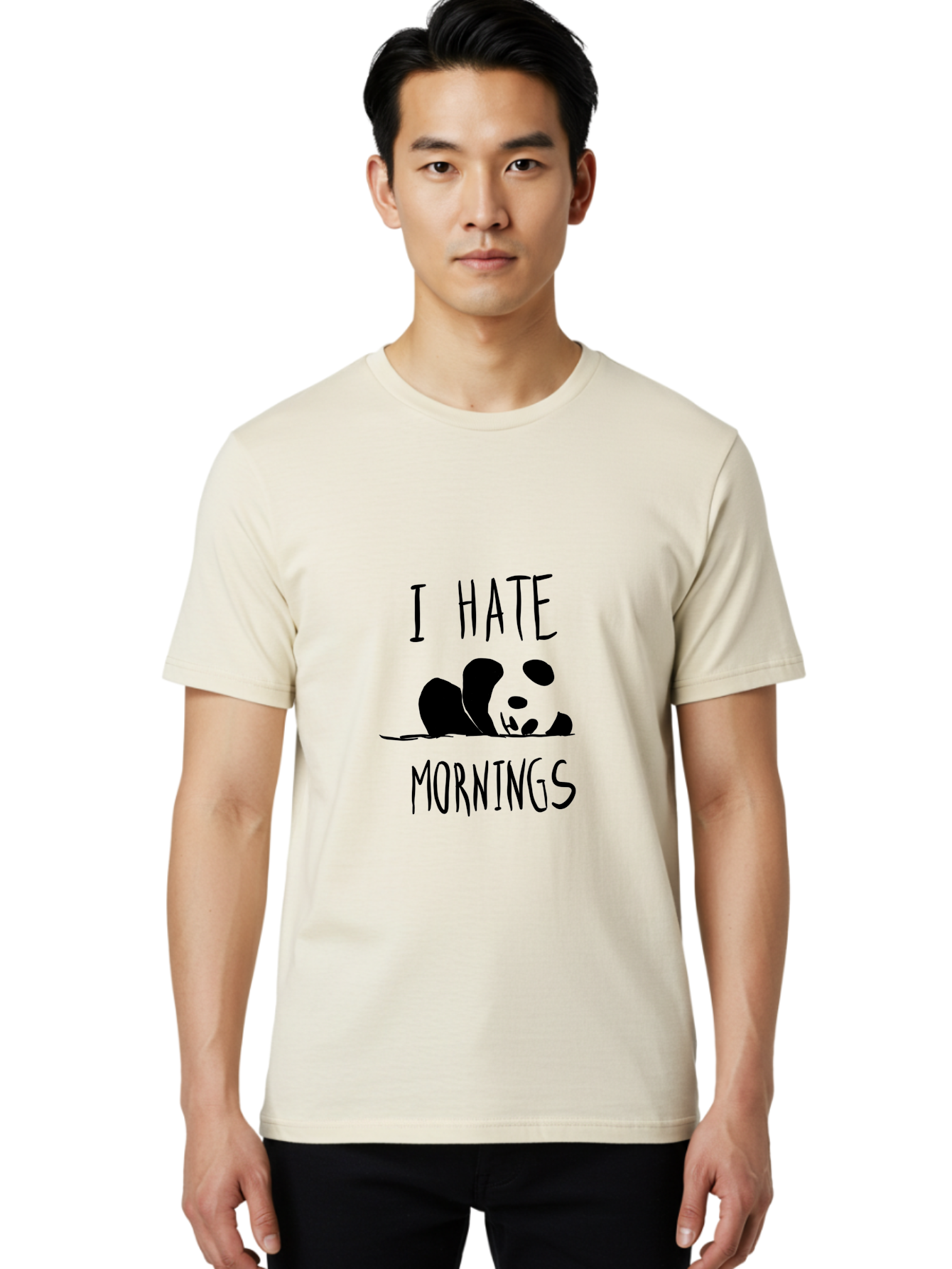I-Hate-Mornings Men'S Graphic Tee, 100% Cotton, Comfortable Casual Summer Wear, Machine Washable, Funny Quote, Morning Humor, Cartoon Panda, Grumpy Mood, Humorous Design, Inspirational Quote, Motivational Phrase, Cute Illustration -  Aaa062