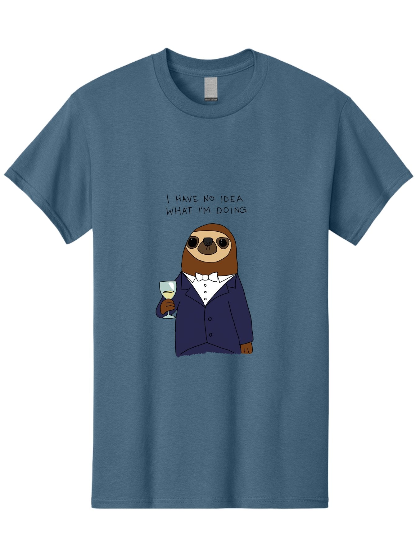 I-Have-No-Idea-What-I-M-Doing Men'S Graphic Tee, 100% Cotton, Comfortable Casual Summer Wear, Machine Washable, Sloth In Tuxedo, Holding Wine Glass, Humor, Funny Animal, Cartoon Character, Adult Beverage, Humorous Quote, Relatable Meme, -  Aaa063