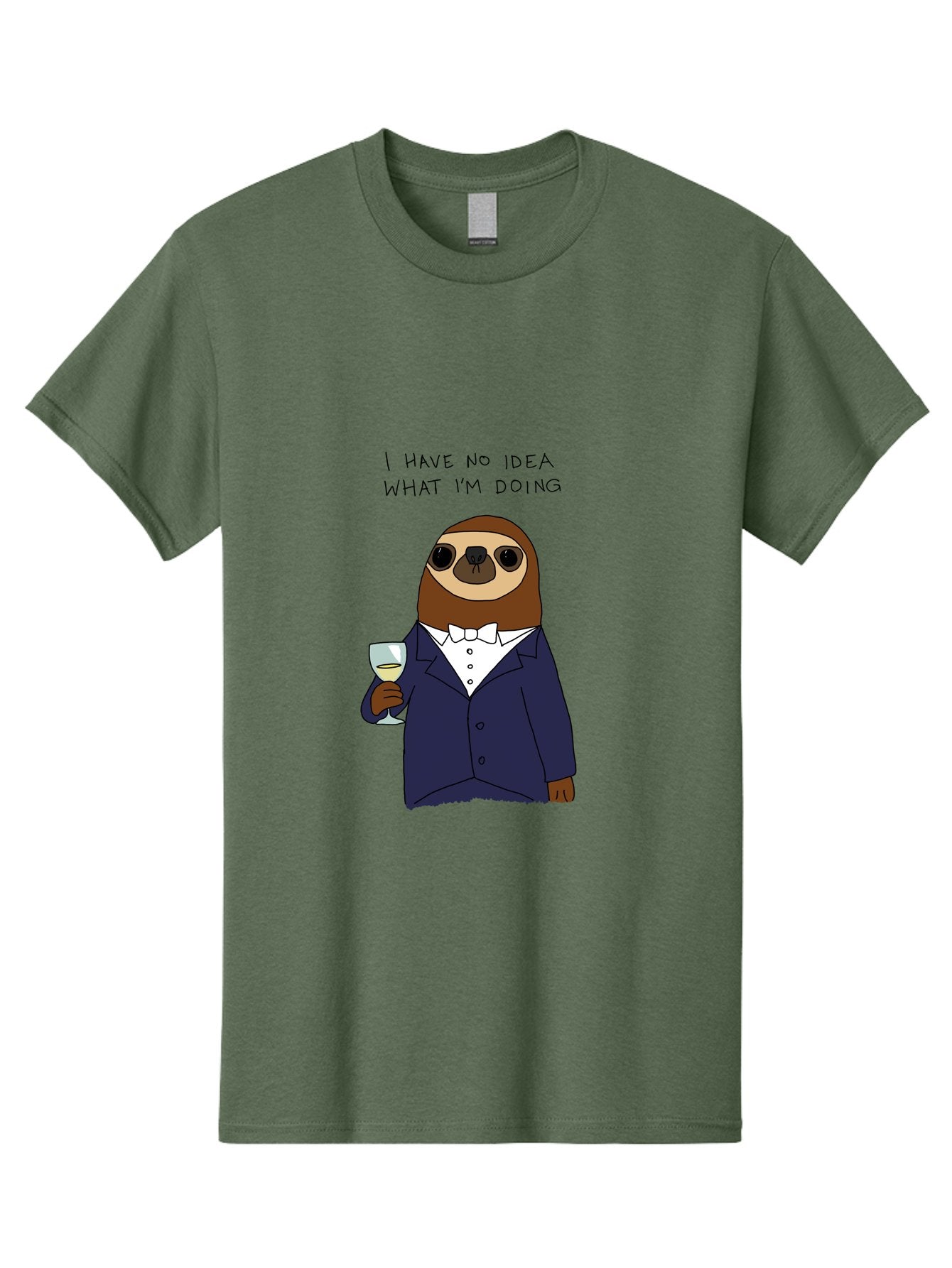 I-Have-No-Idea-What-I-M-Doing Men'S Graphic Tee, 100% Cotton, Comfortable Casual Summer Wear, Machine Washable, Sloth In Tuxedo, Holding Wine Glass, Humor, Funny Animal, Cartoon Character, Adult Beverage, Humorous Quote, Relatable Meme, -  Aaa063 25