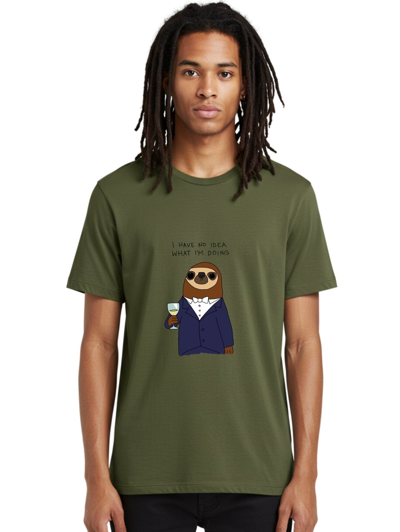 I-Have-No-Idea-What-I-M-Doing Men'S Graphic Tee, 100% Cotton, Comfortable Casual Summer Wear, Machine Washable, Sloth In Tuxedo, Holding Wine Glass, Humor, Funny Animal, Cartoon Character, Adult Beverage, Humorous Quote, Relatable Meme, -  Aaa063 26