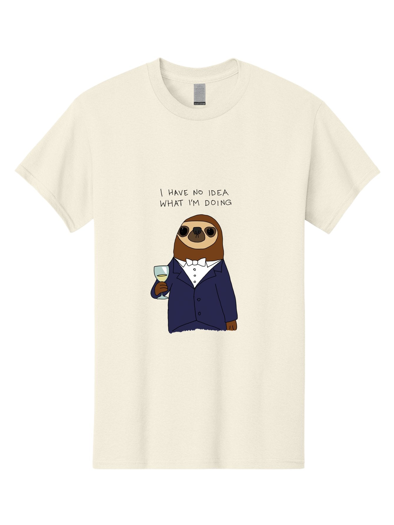 I-Have-No-Idea-What-I-M-Doing Men'S Graphic Tee, 100% Cotton, Comfortable Casual Summer Wear, Machine Washable, Sloth In Tuxedo, Holding Wine Glass, Humor, Funny Animal, Cartoon Character, Adult Beverage, Humorous Quote, Relatable Meme, -  Aaa063 21