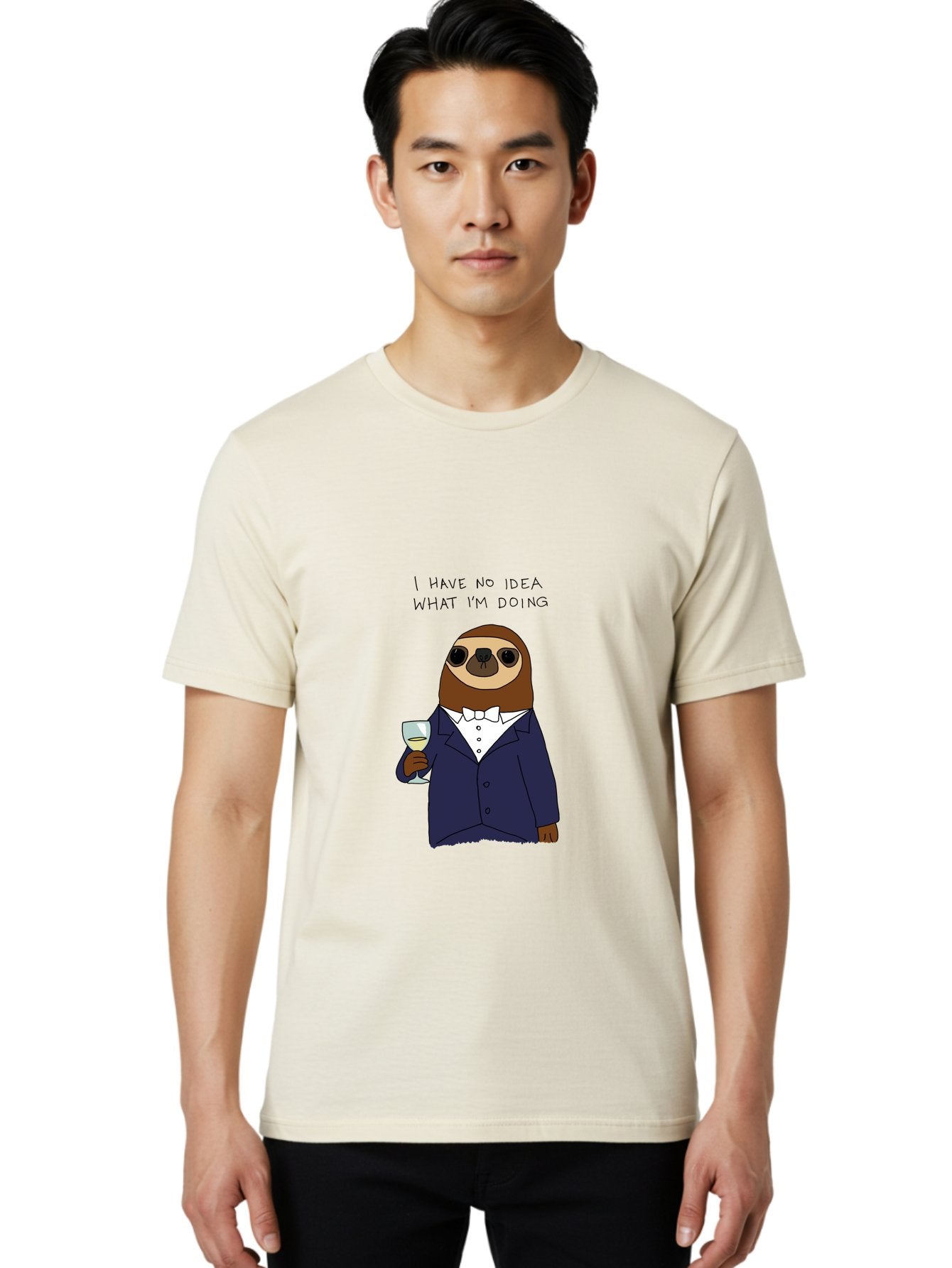 I-Have-No-Idea-What-I-M-Doing Men'S Graphic Tee, 100% Cotton, Comfortable Casual Summer Wear, Machine Washable, Sloth In Tuxedo, Holding Wine Glass, Humor, Funny Animal, Cartoon Character, Adult Beverage, Humorous Quote, Relatable Meme, -  Aaa063 22