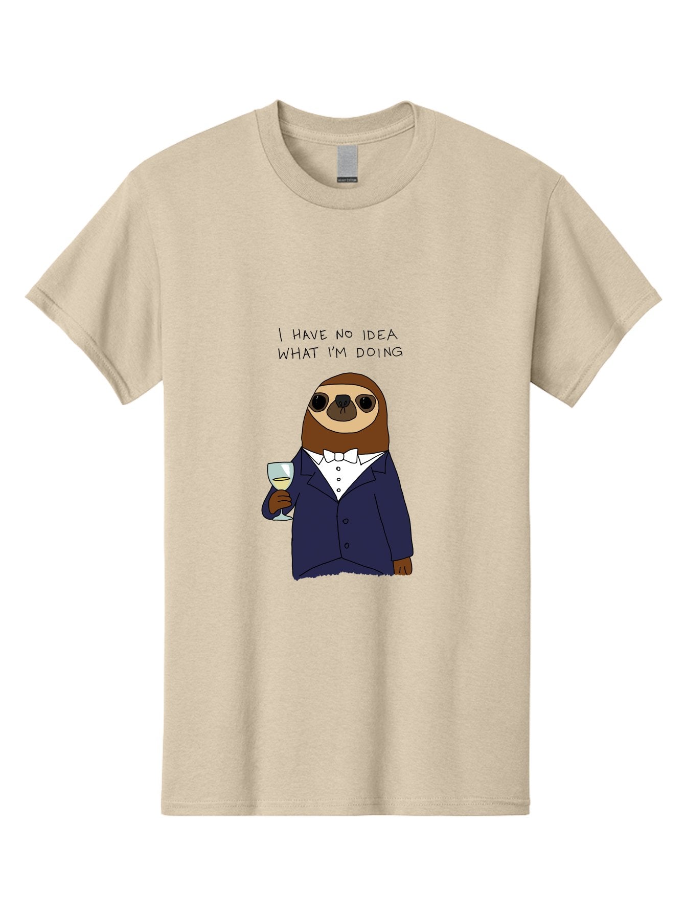I-Have-No-Idea-What-I-M-Doing Men'S Graphic Tee, 100% Cotton, Comfortable Casual Summer Wear, Machine Washable, Sloth In Tuxedo, Holding Wine Glass, Humor, Funny Animal, Cartoon Character, Adult Beverage, Humorous Quote, Relatable Meme, -  Aaa063 23